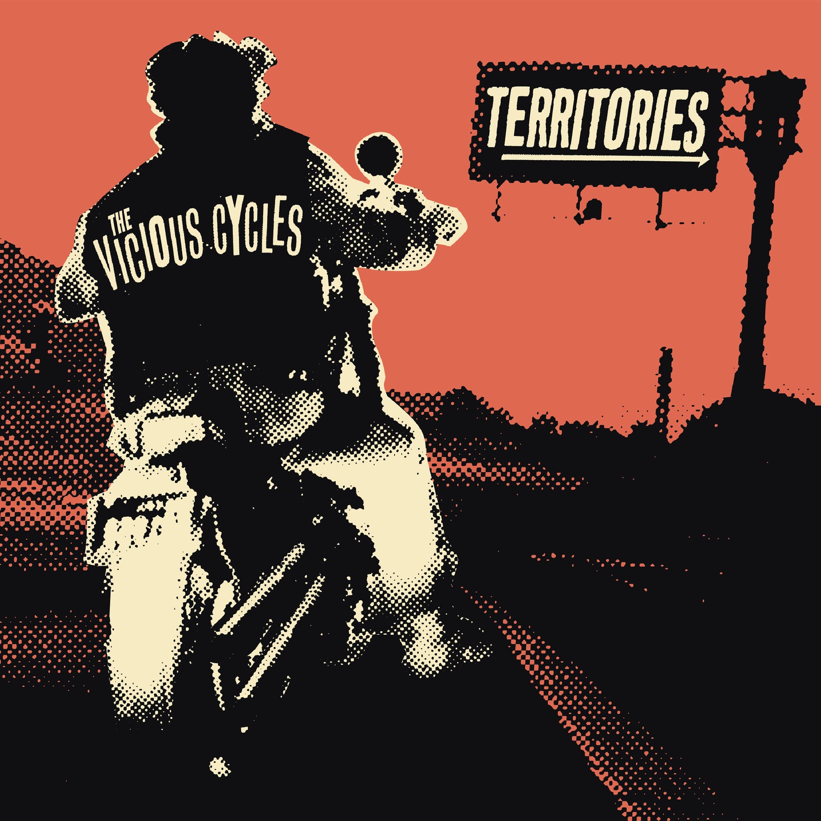 A person rides a motorcycle away, wearing a jacket with “The Vicious Cycles.” An orange sky glows as a sign reads “Territories.” Vintage comic style captures punk rock and motorcycle energy from Pirates Press Records.