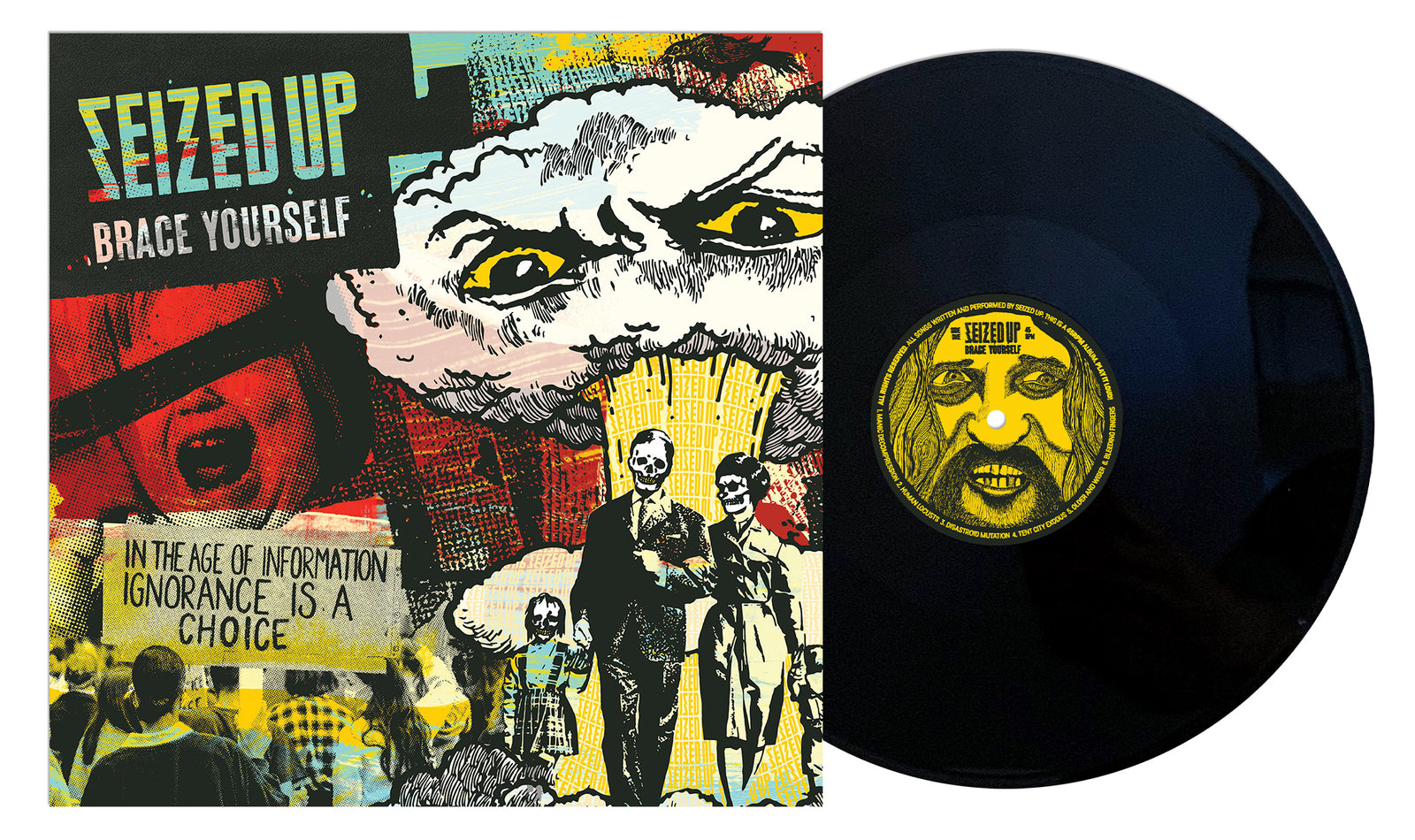 Seized Up vinyl record next to its cover, which shows a cartoon explosion face and a family in gas masks. Bold SEIZED UP: BRACE YOURSELF text highlights this hardcore band known for political punk and social unrest themes. Brand: Seized Up.