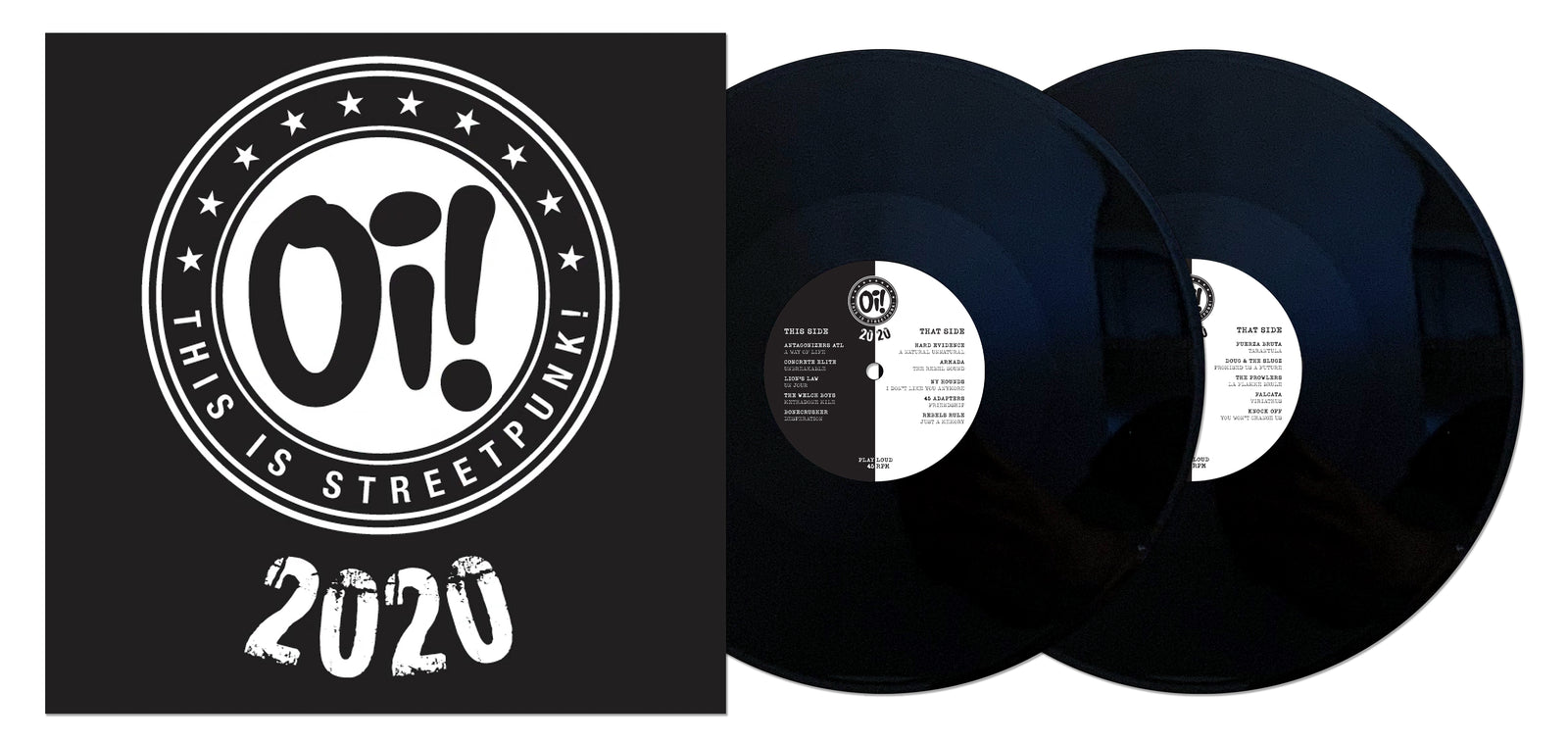 A double vinyl compilation from Pirates Press Records, "Oi! This Is Streetpunk! 2020," features a bold black cover with white text and a circular design, plus two visible black records—ideal for fans of Oi! the Album.