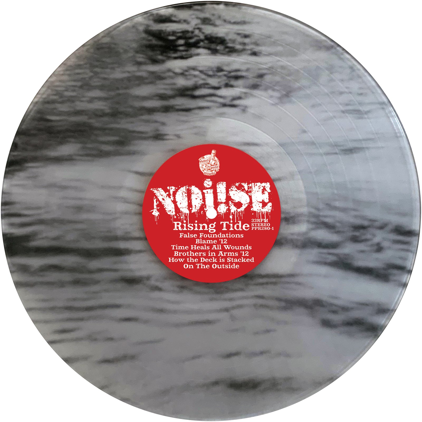 A black-and-white marbled street punk vinyl from NOi!SE features a red center label with “Rising Tide EP” and song titles in white. Its cloudy, smoky design enhances the standout, digitally printed vinyl look.