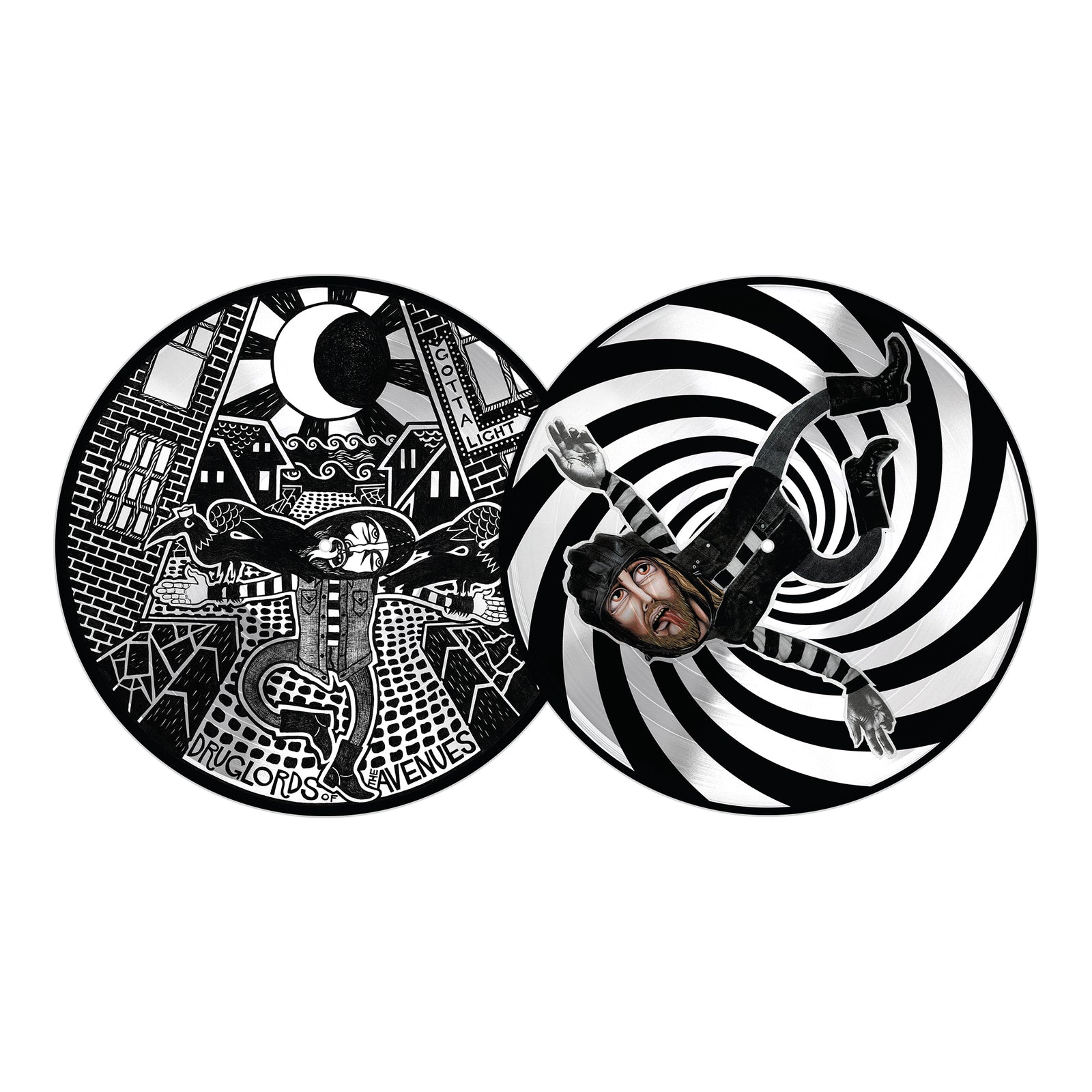 Two circular artworks: left shows a cartoon thief running through a cityscape, channeling Bay Area punk rock for Druglords of The Avenues; right, a thief with a realistic face falls into a black-and-white spiral vortex.