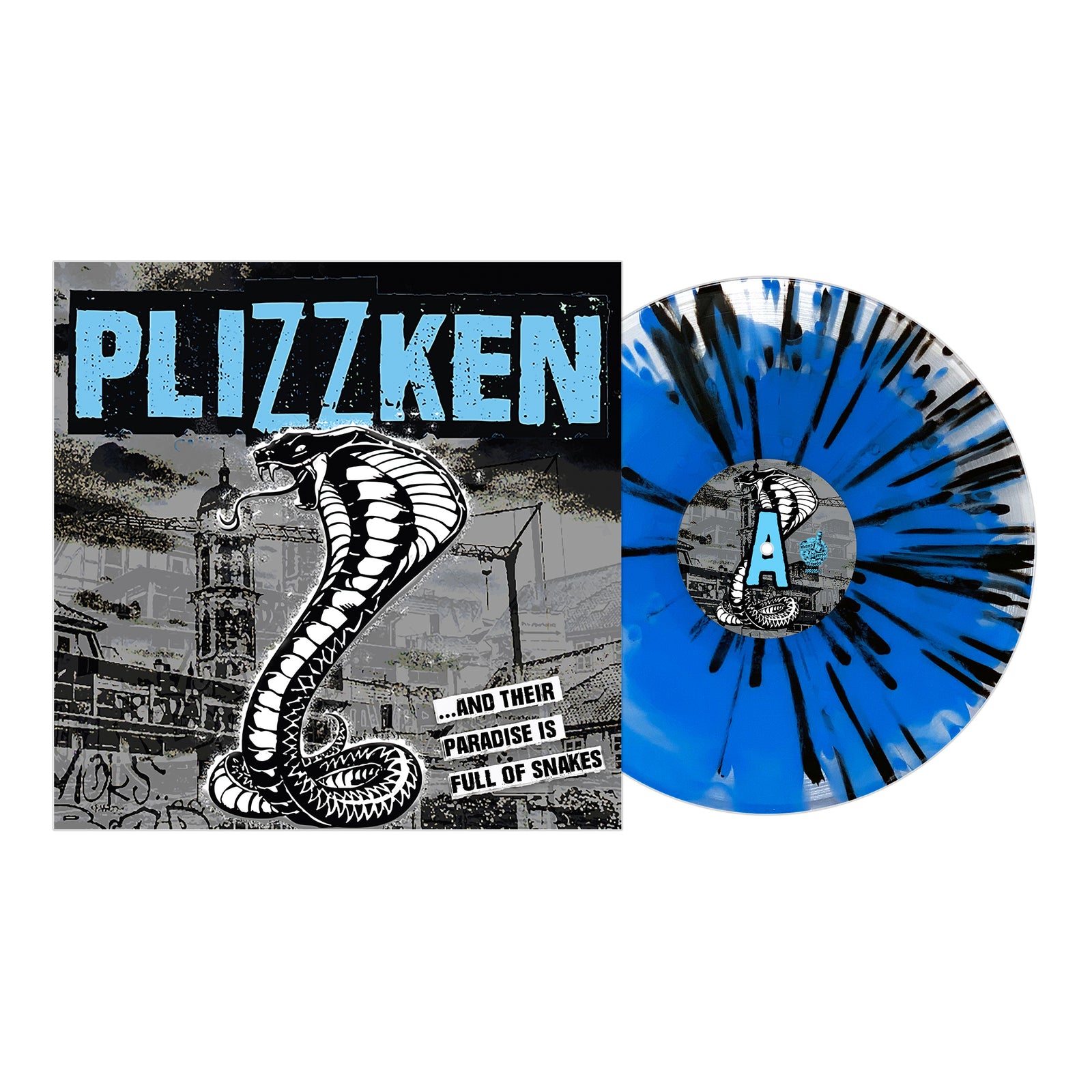 Plizzken vinyl record with blue and black splatter design beside its cover, which shows a large cobra on an urban backdrop with "PLIZZKEN" and "...And Their Paradise Is Full of Snakes," the band's electrifying debut album.