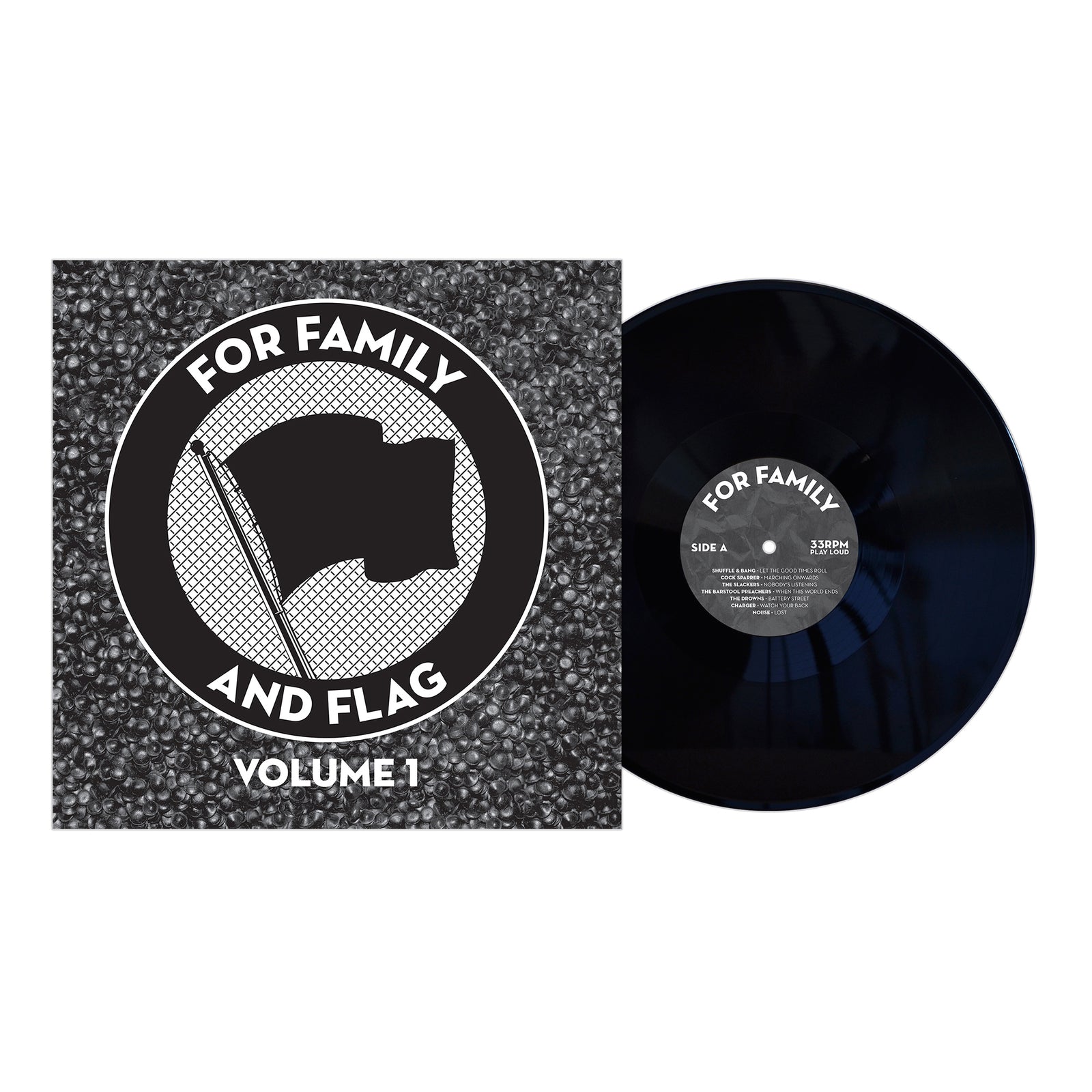A black vinyl record is partially removed from a gray, patterned sleeve featuring a waving flag emblem and “FOR FAMILY AND FLAG VOLUME 1”—a punk compilation album from Pirates Press Records.