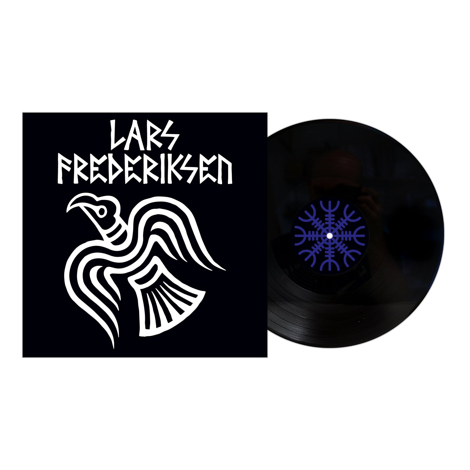 A black vinyl record partly out of its sleeve features bold white Lars Frederiksen branding, a stylized bird, and a blue snowflake-like symbol at its center—hinting at the solo album from Lars Frederiksen.