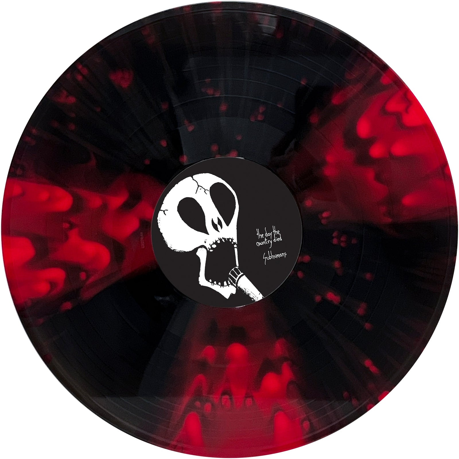 A black and red splatter vinyl record by Subhumans. The center label shows a screaming cartoon skull with hollow eyes, cracked head, and handwritten “You Won’t Get What You Want”—an homage to iconic anarcho punk album art.