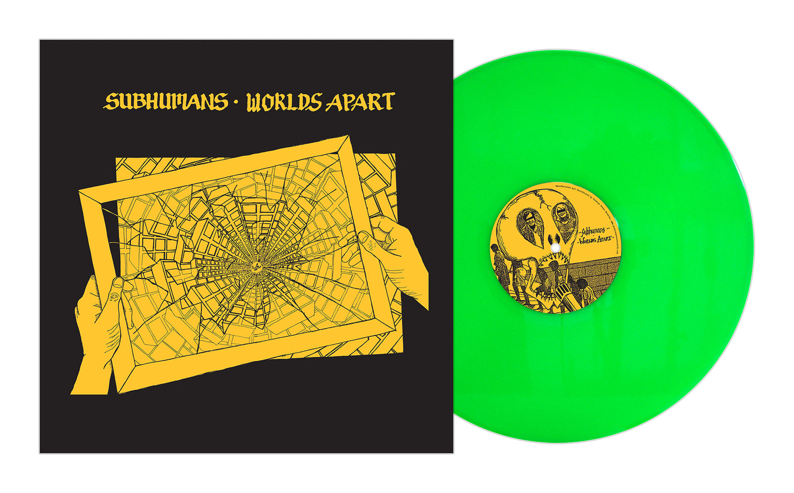 A green Subhumans vinyl record from their box set sits next to the Worlds Apart album cover, which displays anarcho punk artwork of yellow hands holding a cracked map on a black background.