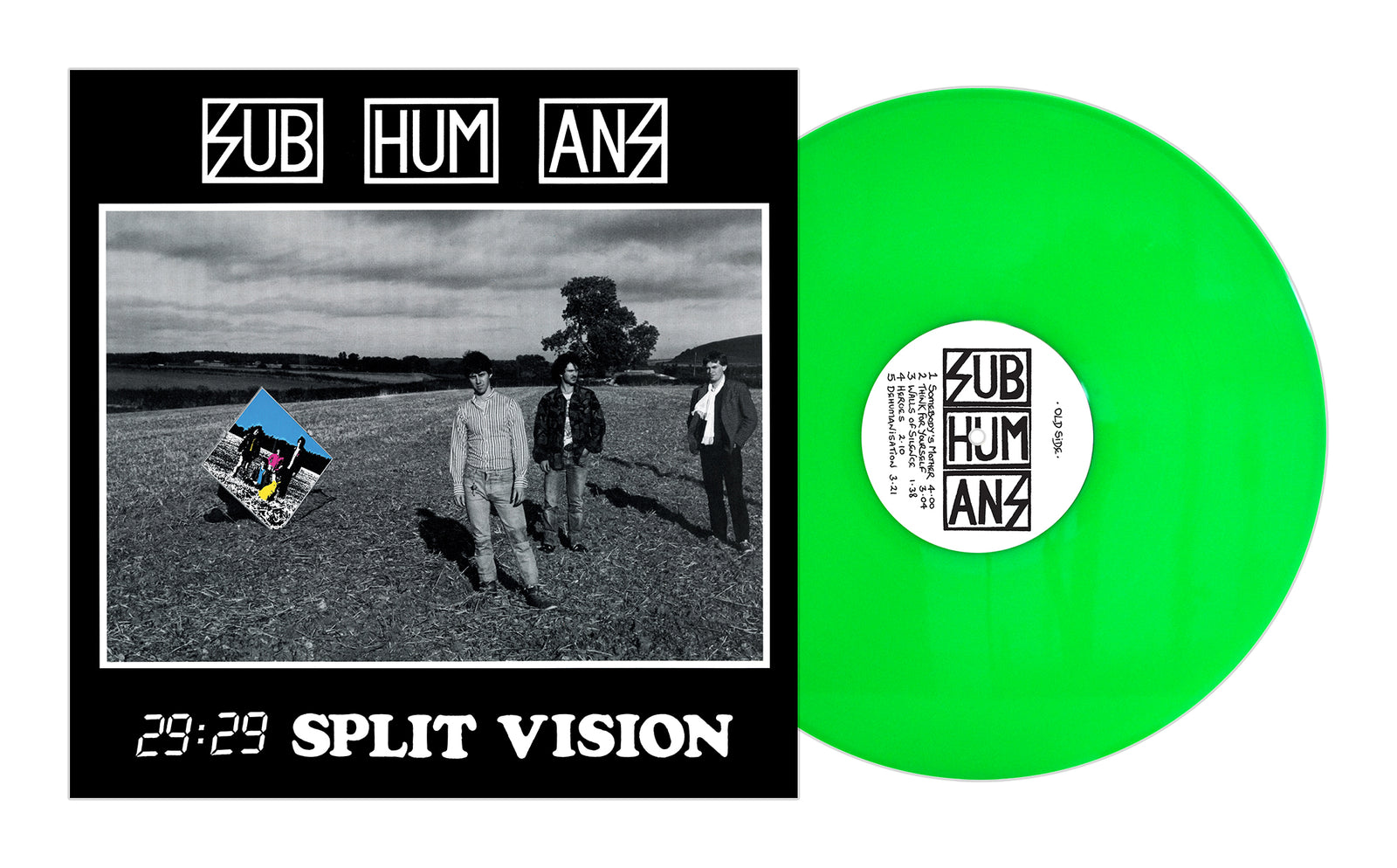 A neon green vinyl record sits next to the album cover for Subhumans 29:29 Split Vision, featuring a black-and-white band photo in a barren field beneath a cloudy sky.