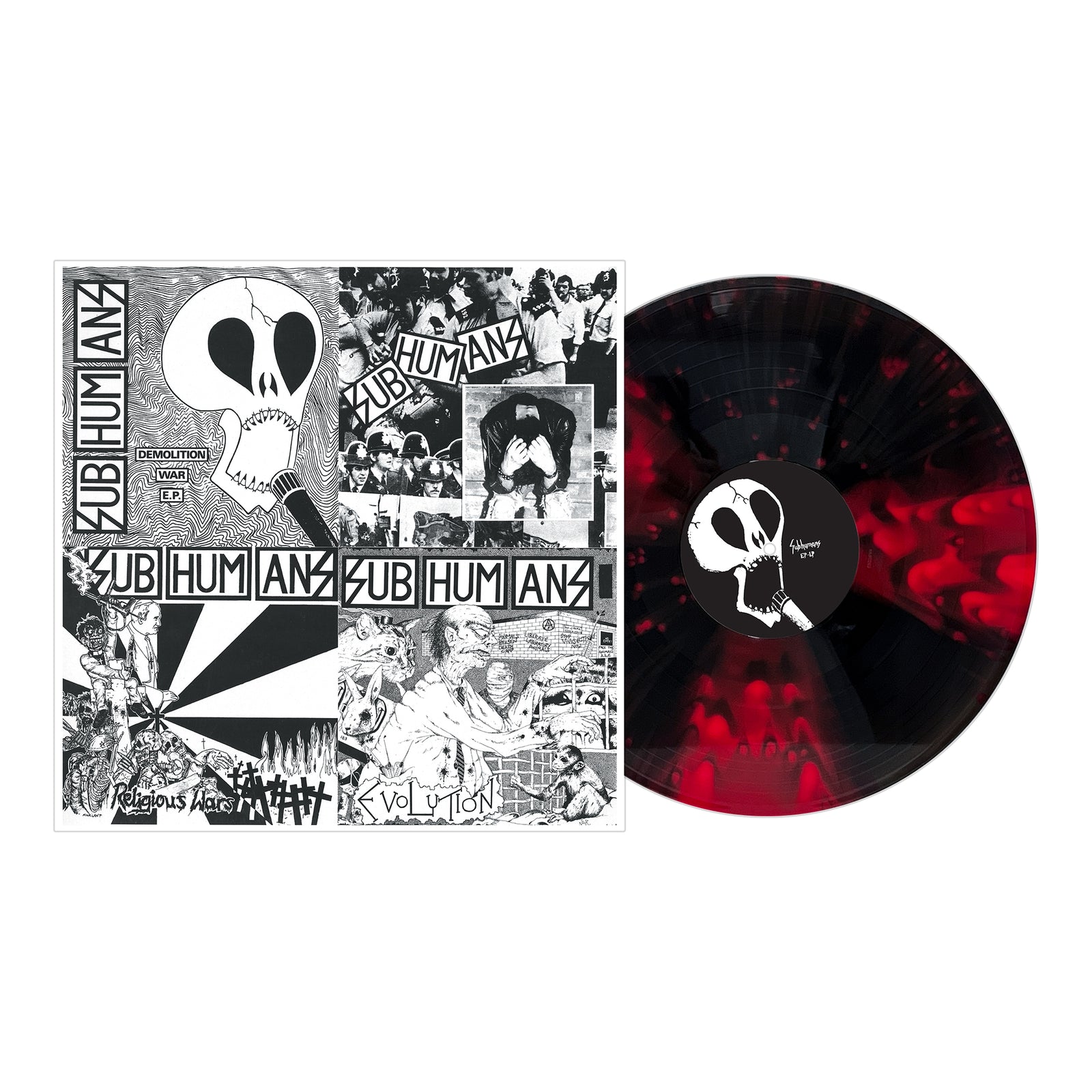 A Subhumans vinyl record with a black and red marbled design sits next to its album cover, featuring the brands iconic black-and-white punk collage art and bold Anarcho-Punk style.