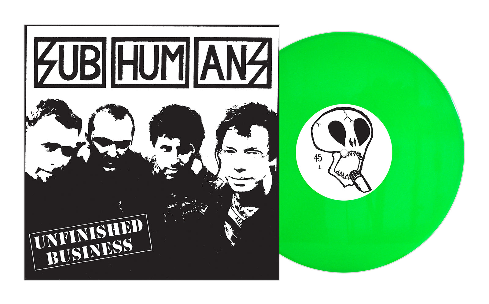 Subhumans’ “Unfinished Business” album cover features a black-and-white photo of four men with bold text, paired with a bright green vinyl displaying a skull—an iconic find for any Subhumans box set collector.