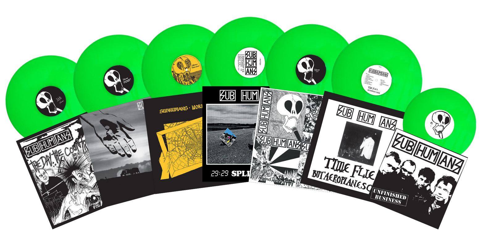 Seven bright green vinyl records with black-and-white anarcho punk album covers—mainly labeled Subhumans or from the Unfinished Business box set—are displayed against a white background.