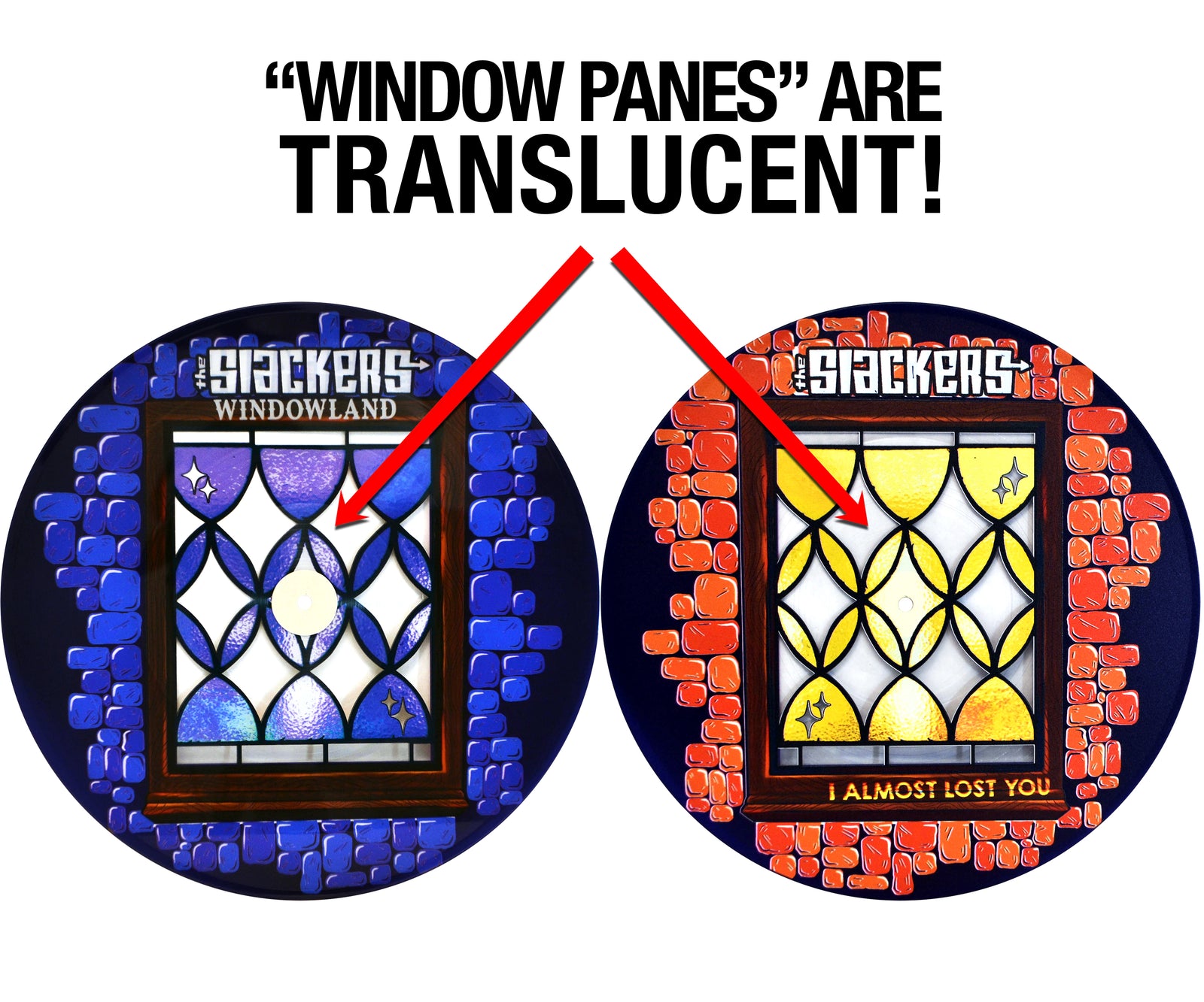 Two circular enamel pins by The Slackers with stylized window pane designs: one blue-purple, labeled WINDOWLAND, and one yellow-orange, labeled I ALMOST LOST YOU. Features limited edition translucent glass effects.