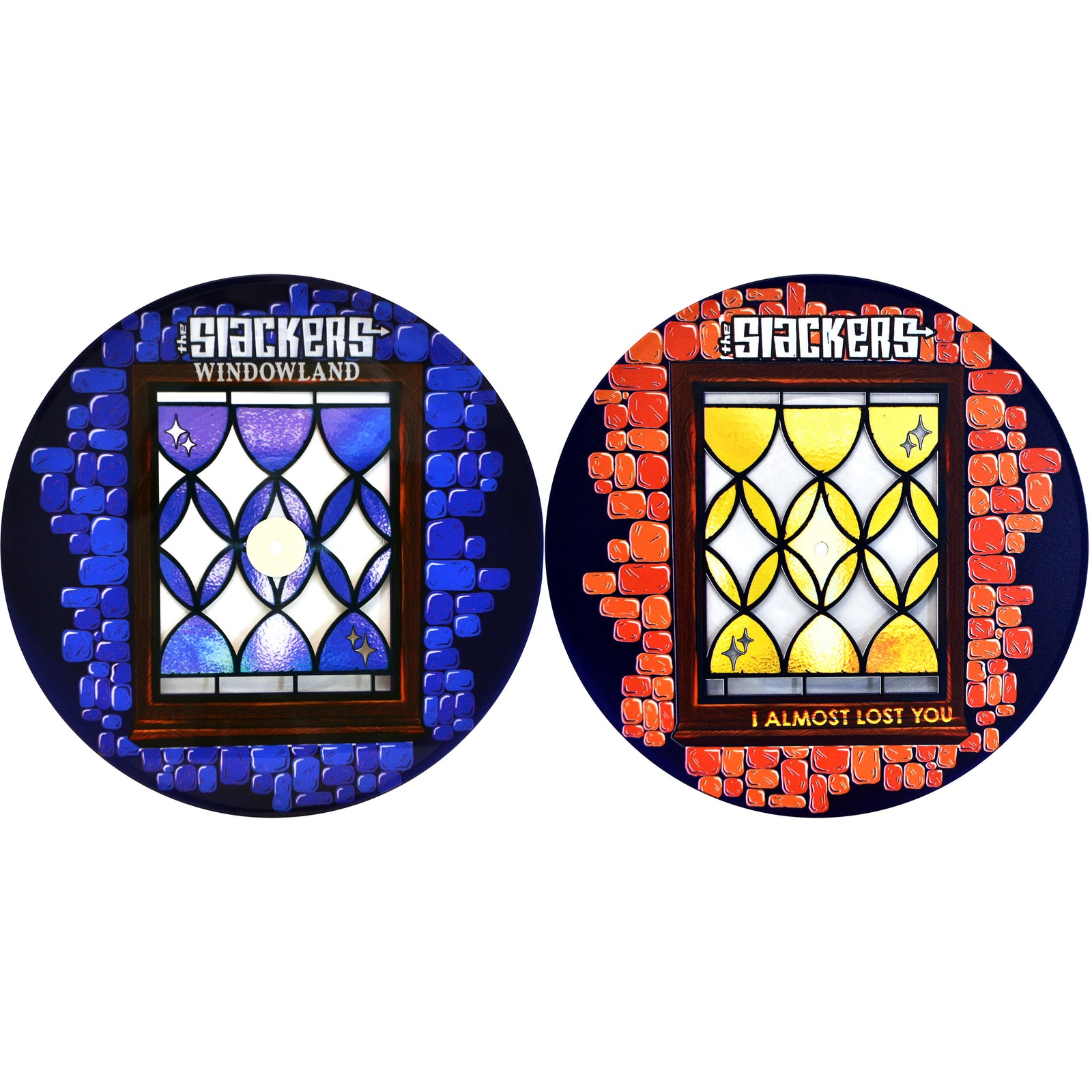 Two circular stained-glass window designs on dark backgrounds reference The Slackers. SLACKERS WINDOWLAND (blue/purple) and SLACKERS I ALMOST LOST YOU (orange/yellow) are limited edition vinyl double-single art by The Slackers.
