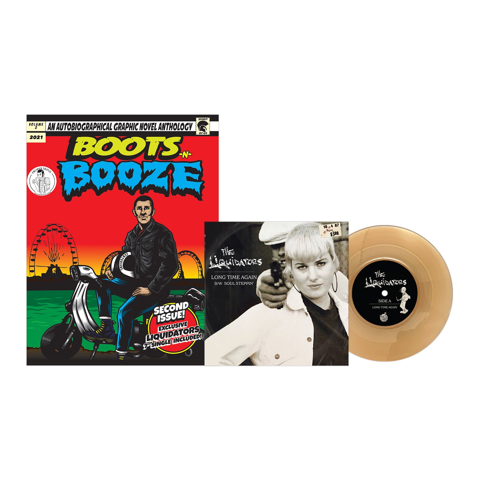 A limited edition BOOTSnBOOZE comic book, showing a person on a scooter with a ferris wheel behind them, is displayed next to a vinyl record and its cover featuring a black-and-white photo of a woman.