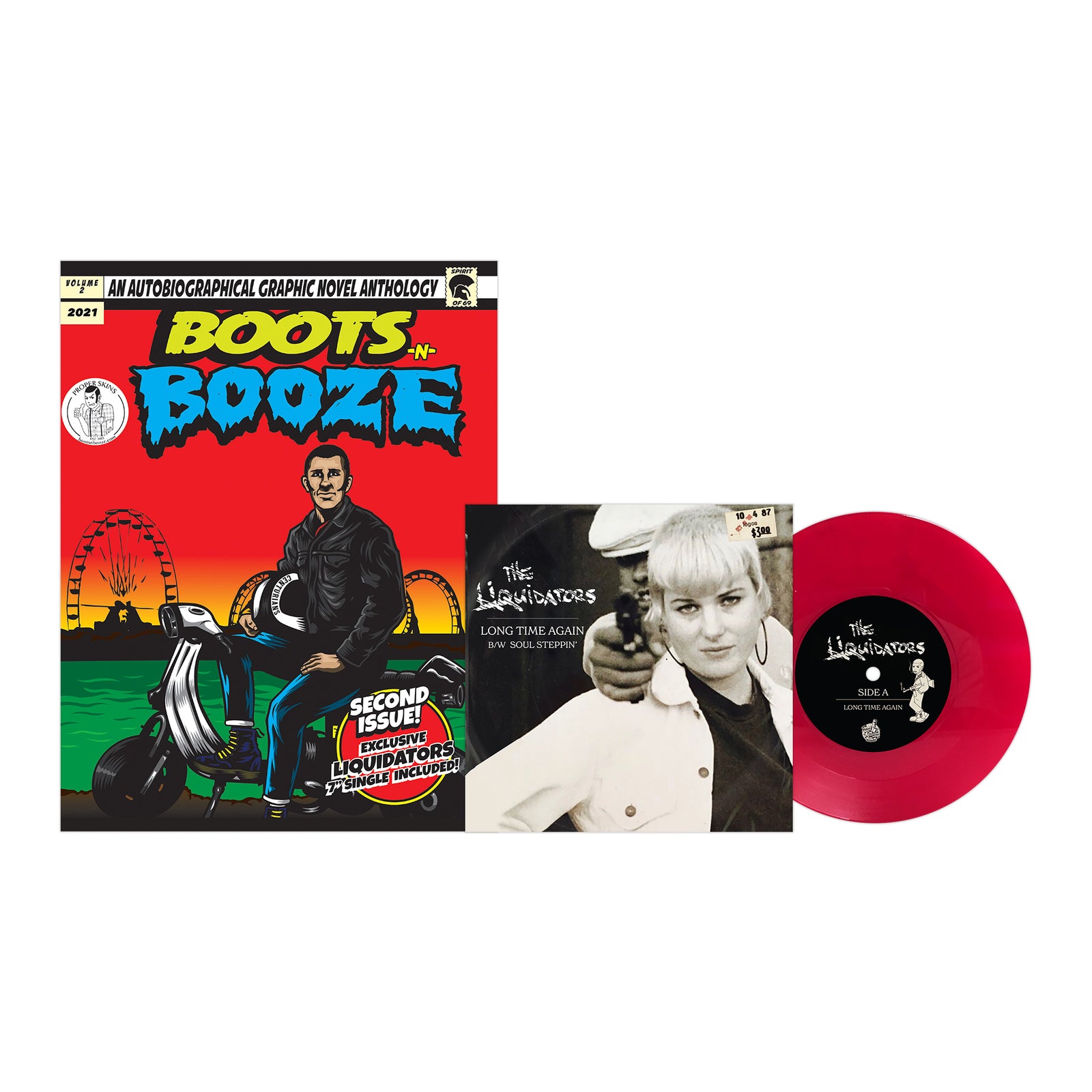 A BOOTSnBOOZE comic book features a man on a scooter, plus a red 7 The Liquidators vinyl and its cover showing a black-and-white photo of a woman and man with The Liquidators as the artist.
