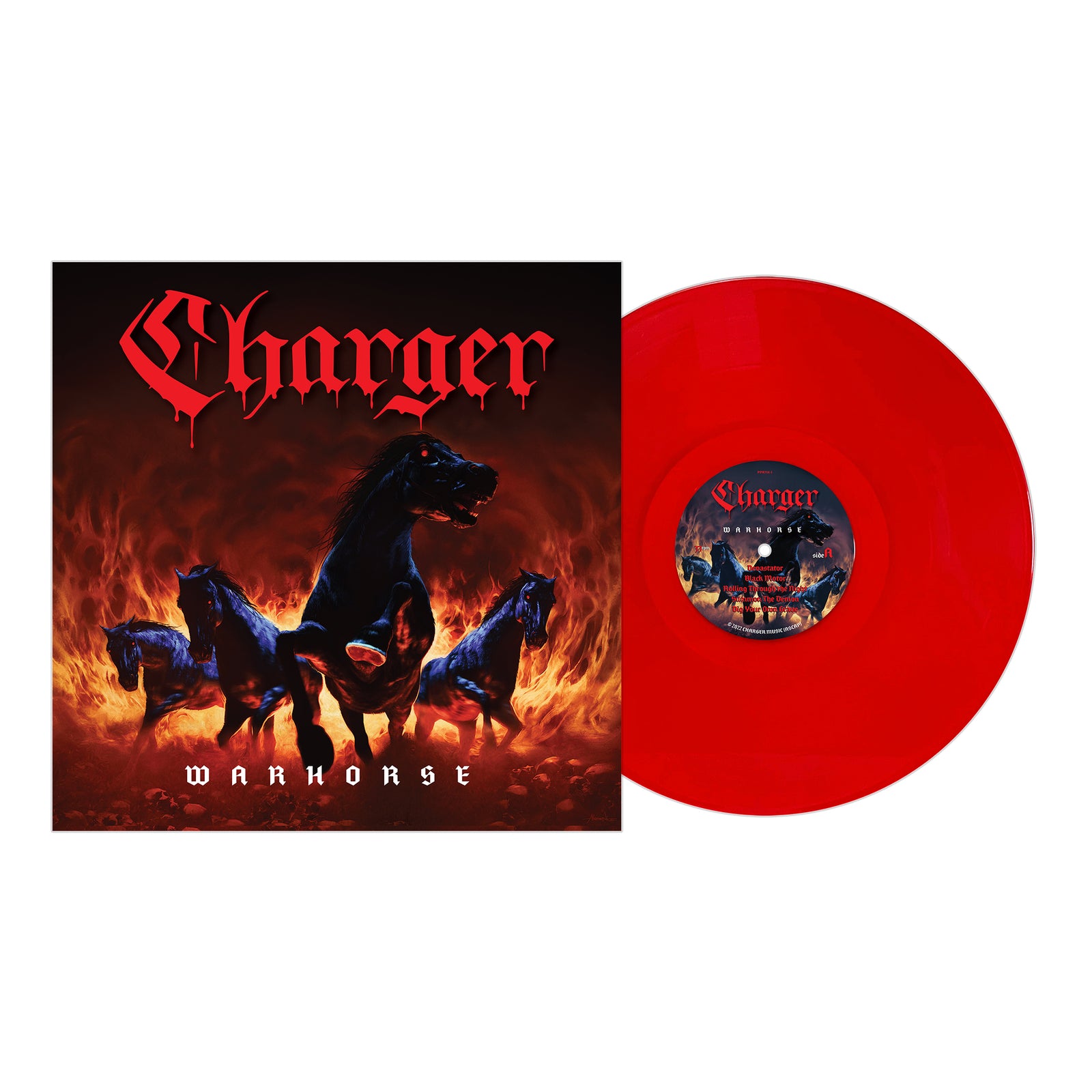 Charger’s Warhorse metal album: red vinyl, cover art of black horses galloping through flames, band name in bold red above and Warhorse below. Features Jake Nunn on this powerful Charger release.