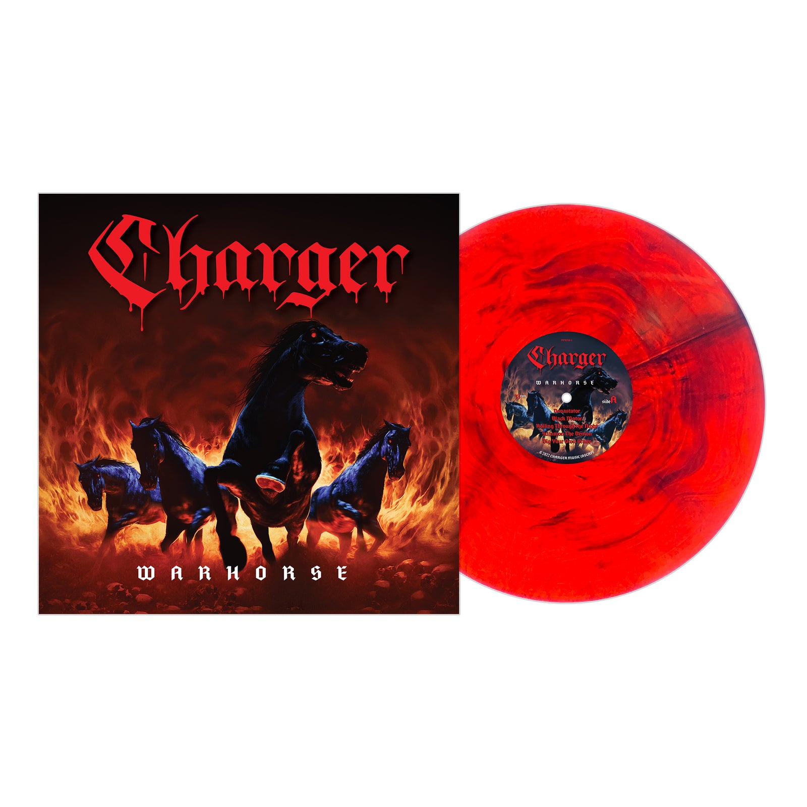 Charger’s Warhorse metal album features fierce black horses galloping through flames on its dark cover. The marbled red vinyl displays a small version of the artwork on its label.