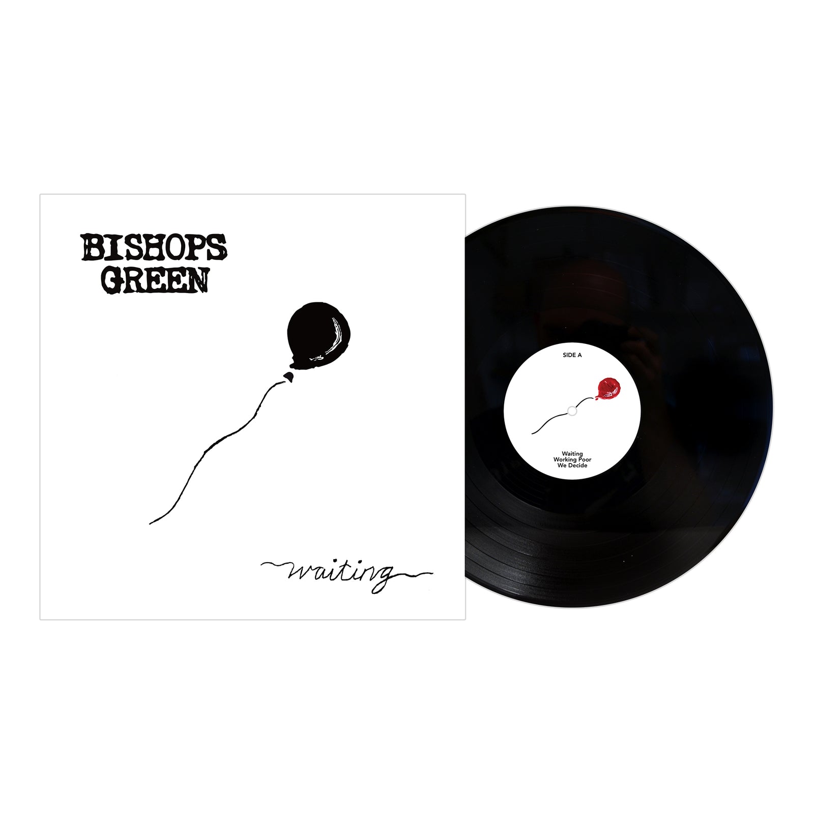A Bishops Green vinyl EP is partially out of its sleeve, showing a minimal white label. The cover features Bishops Green and Waiting with a black balloon on white. This new release comes from Pirates Press Records.