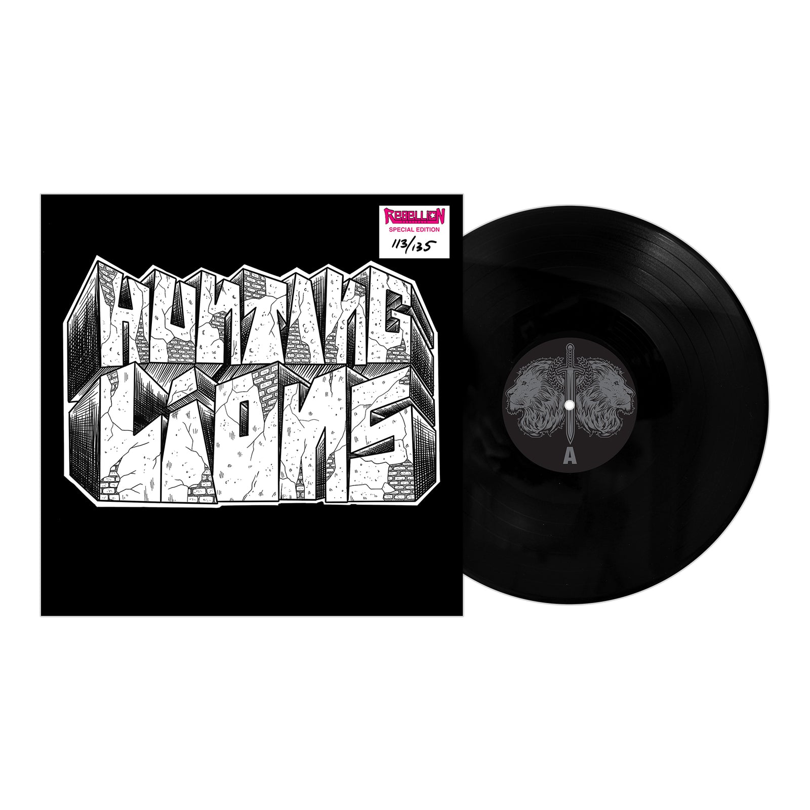 A black vinyl record peeks out of its black-and-white sleeve, which displays bold graffiti-style text reading Hunting Lions, the brand name. A handwritten label appears on the sleeves top right corner.