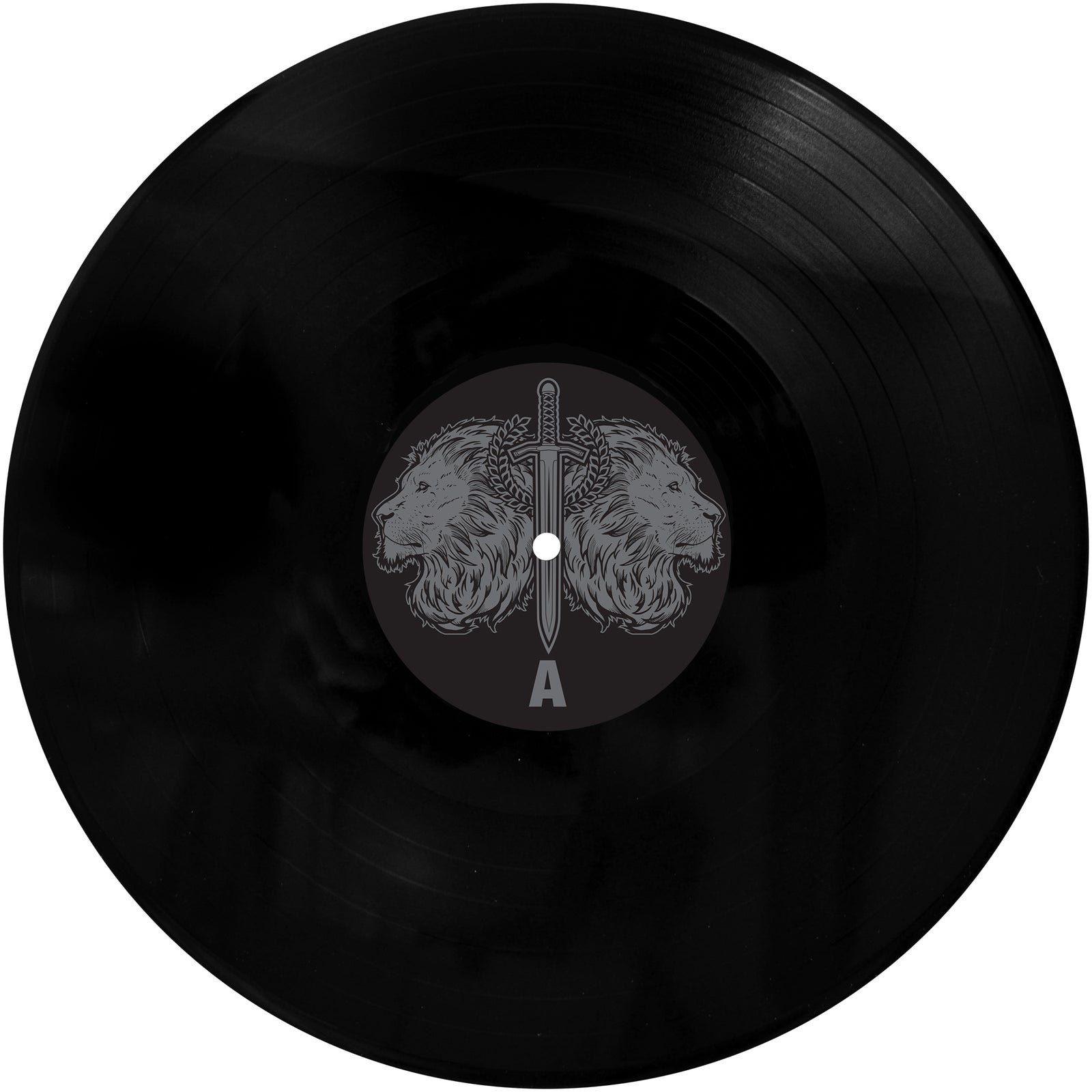 A black vinyl record with a central label of two lions flanking a sword and an A below—ideal for Bay Area punk fans and lovers of Hunting Lions bold sound.