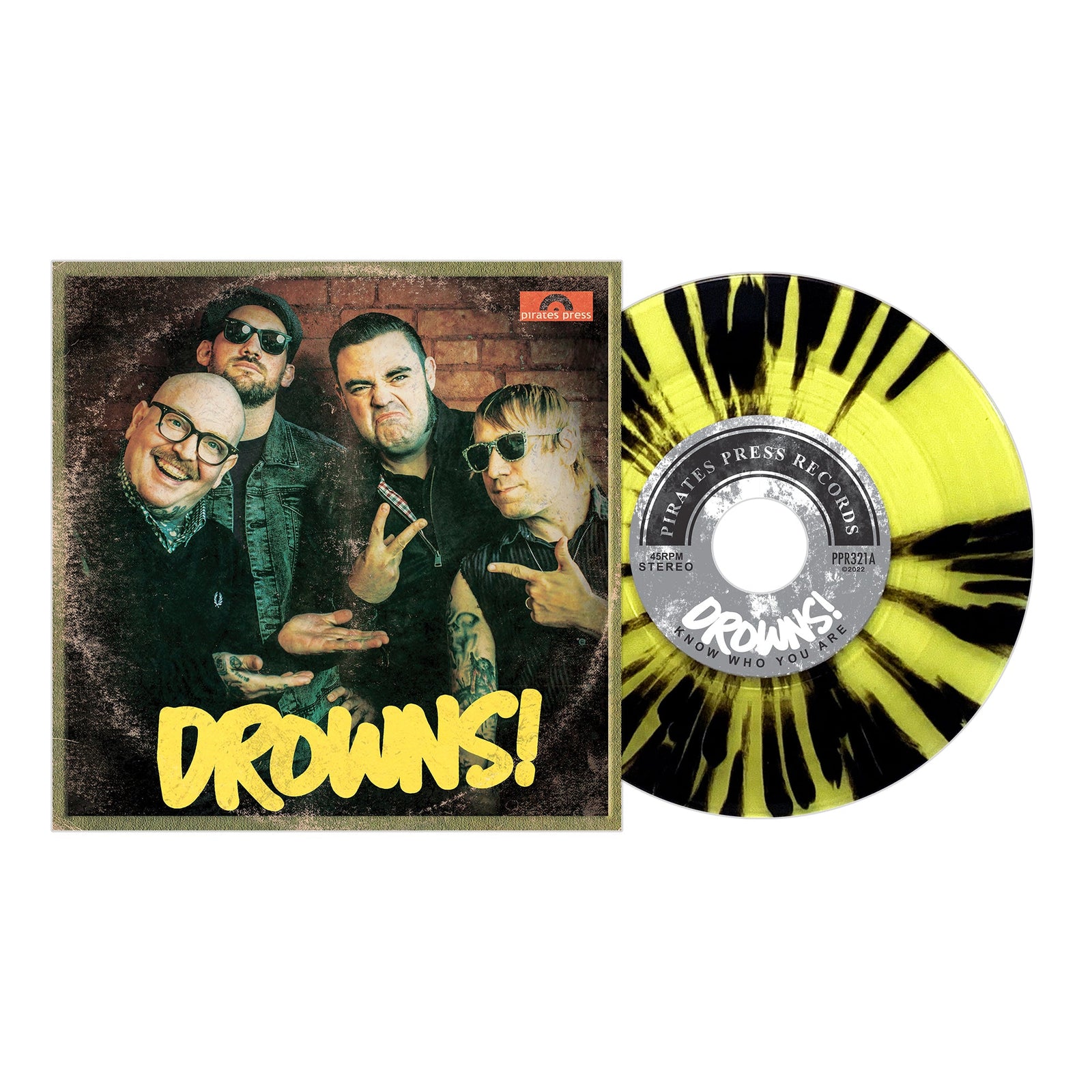 Four men in punk attire pose seriously on the album cover beside a yellow and black splattered vinyl. “DROWNS!” stands out in bold yellow, capturing The Drowns rock and roll energy. Brand: The Drowns.
