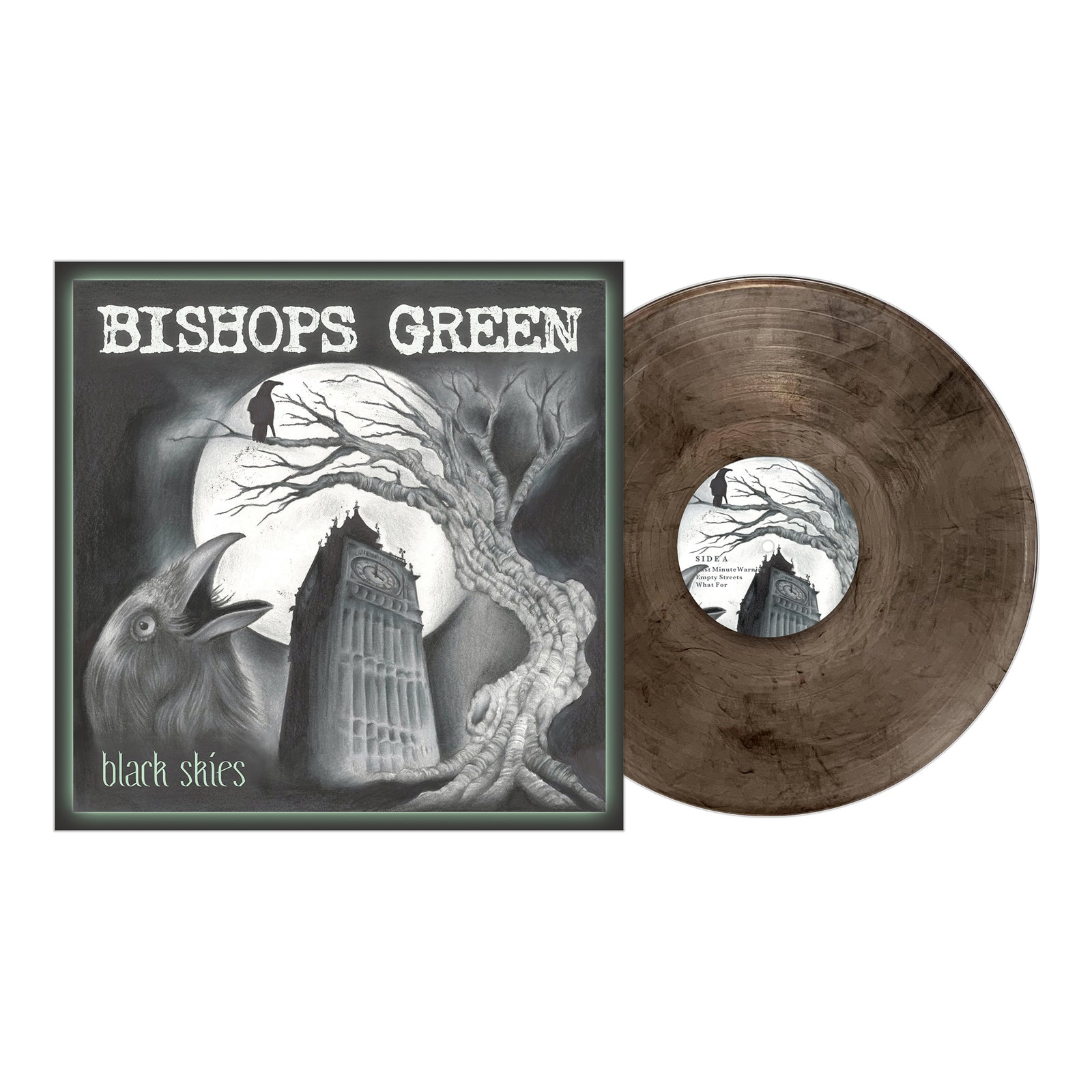 A Bishops Green Black Skies vinyl record and album cover with punk rock art by Bishops Green, showing a raven, bare tree, tower, and large moon in grayscale for a dark, eerie look.