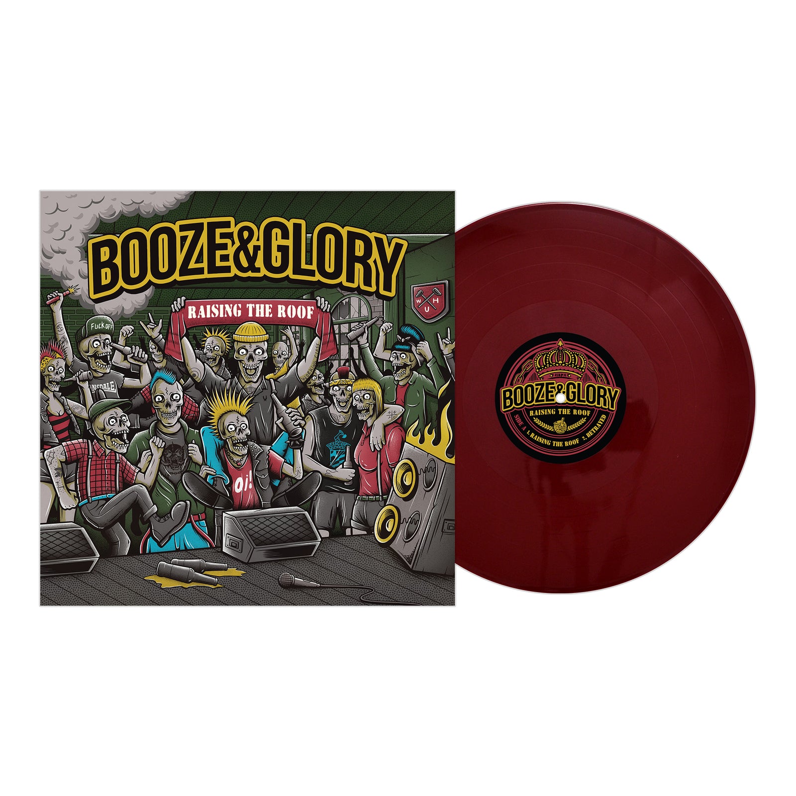 A red vinyl Booze & Glory punk album sits beside its cover, which features a cartoon crowd raising drinks under the title Booze & Glory: Raising the Roof, with speakers and spilled drinks scattered on the floor.