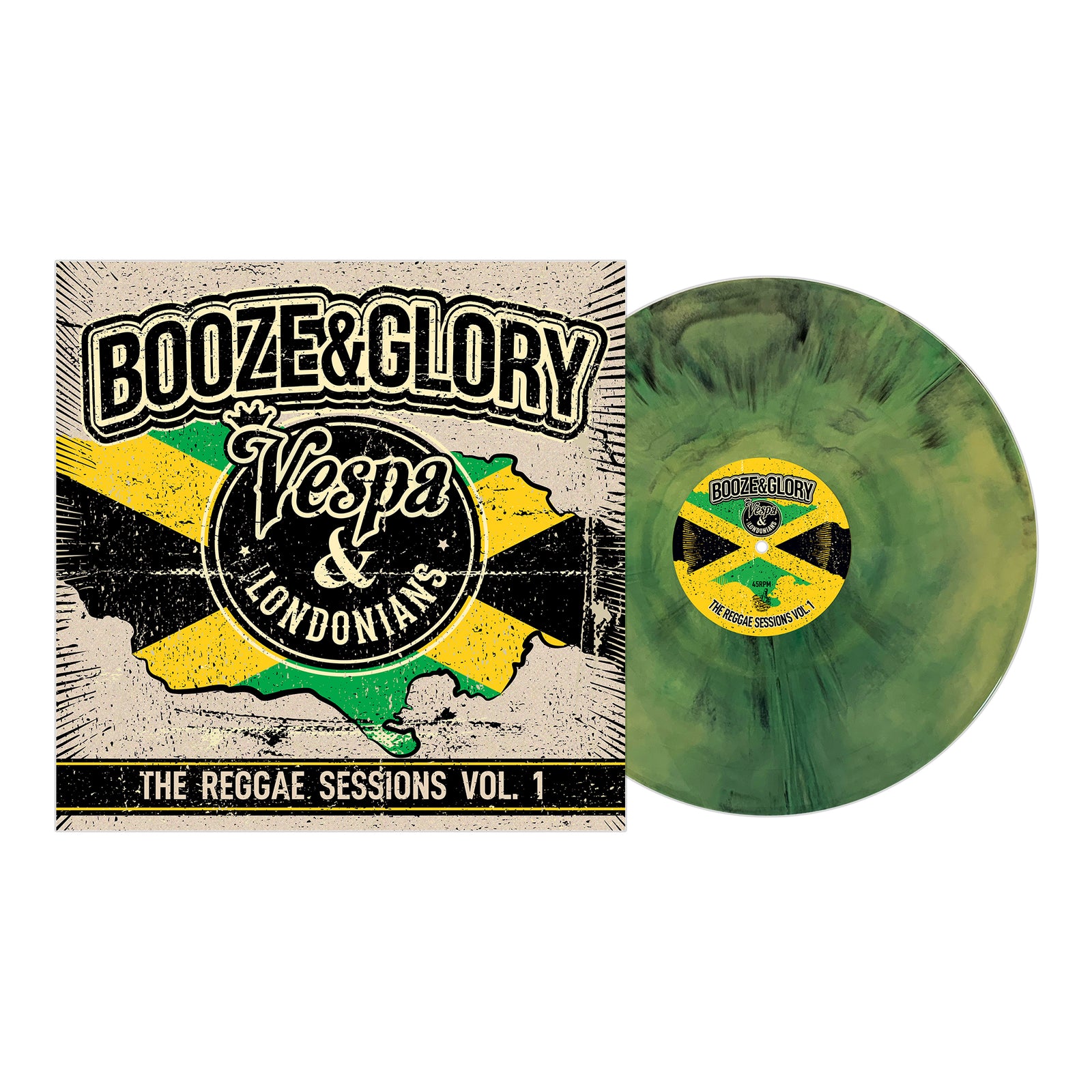A green marbled 12 vinyl by Booze & Glory with a yellow, green, and black cover showing ‘Booze & Glory, Vespa & Londonians, The Reggae Sessions Vol. 1’—remastered Jamaican-style reggae.