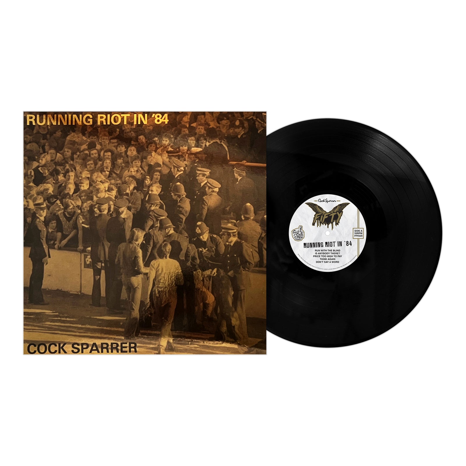 A 180g black vinyl record by Cock Sparrer, titled Running Riot in ’84, sits next to its cover featuring a sepia-toned photo of a crowd with police officers and yellow text.