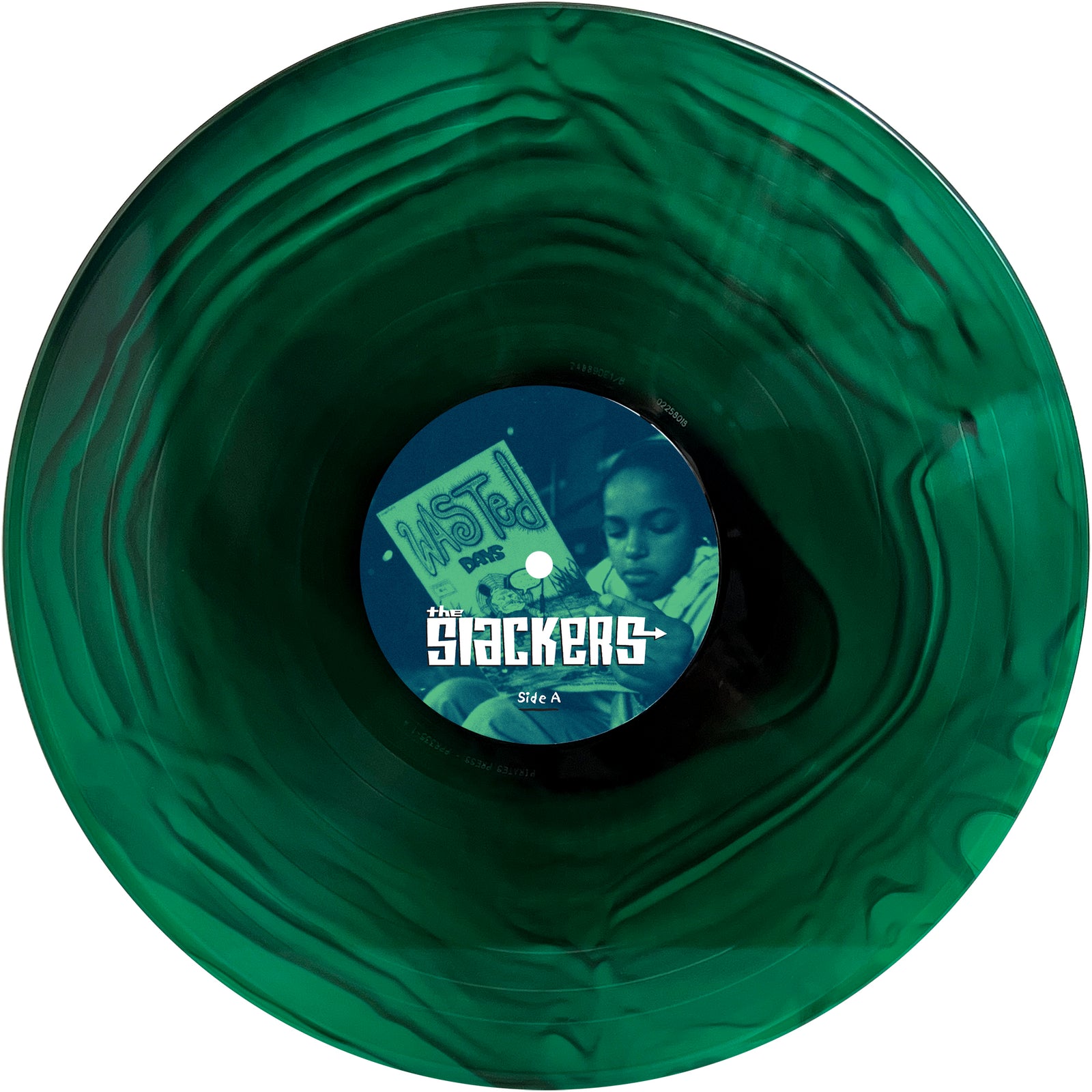 A translucent green marbled vinyl ska album by The Slackers, with a central label reading Wasted Days and a black-and-white photo of a serious-faced person.