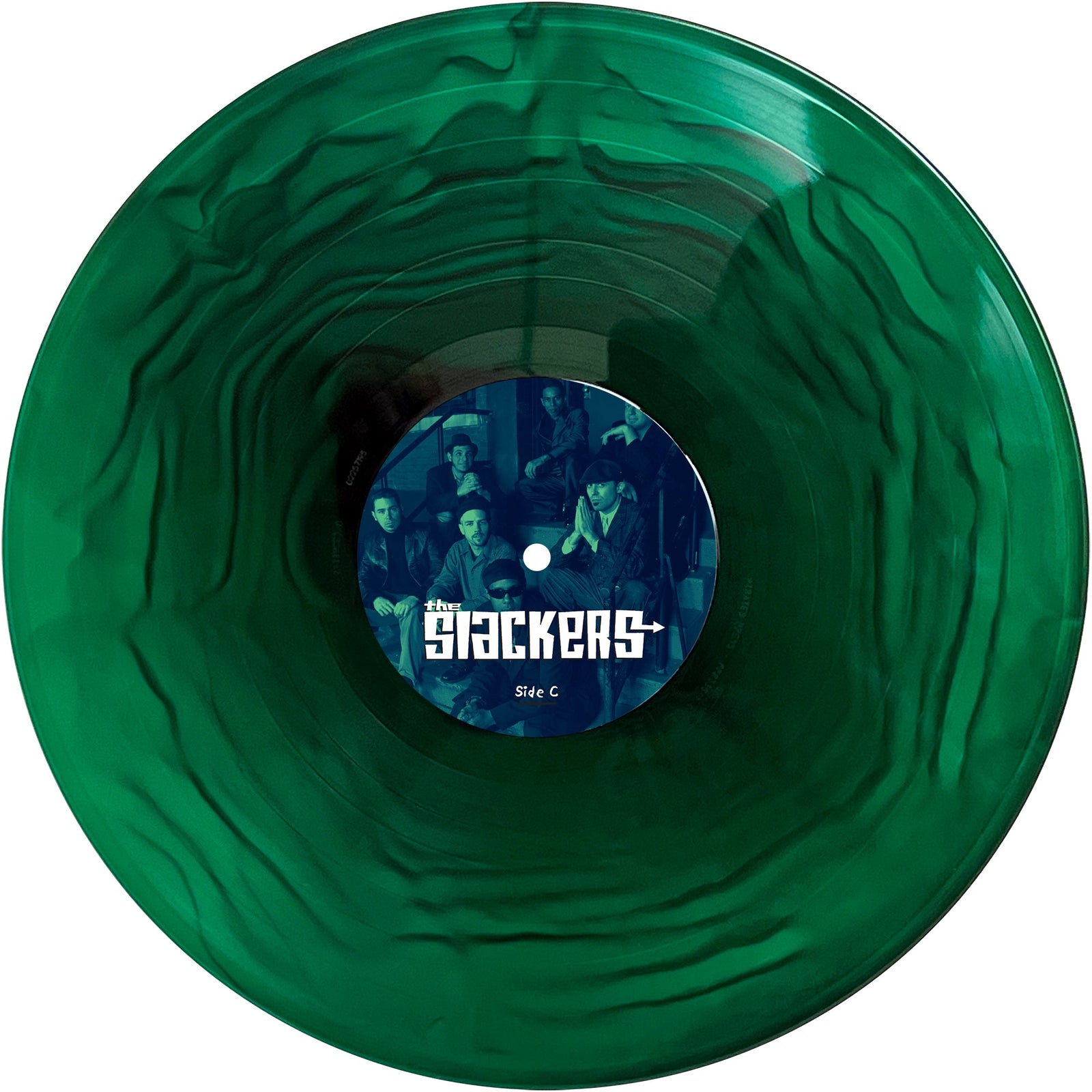 A green marbled vinyl ska album by The Slackers, with a center label featuring a black-and-white band photo and the words The Slackers, Wasted Days, and Side C.
