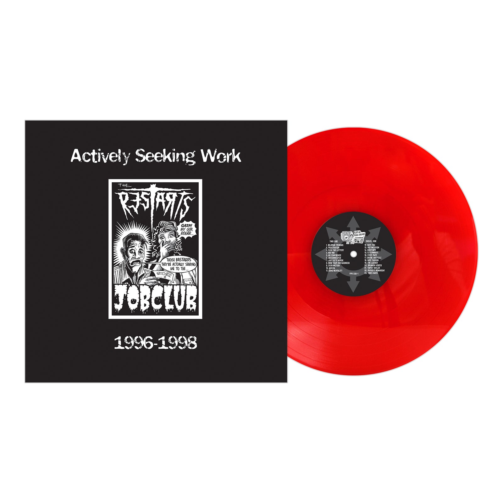A red vinyl record by The Restarts partially slides out of a black square cover titled "Actively Seeking Work 1996-1998," featuring a black and white illustrated design labeled "Job Club.
