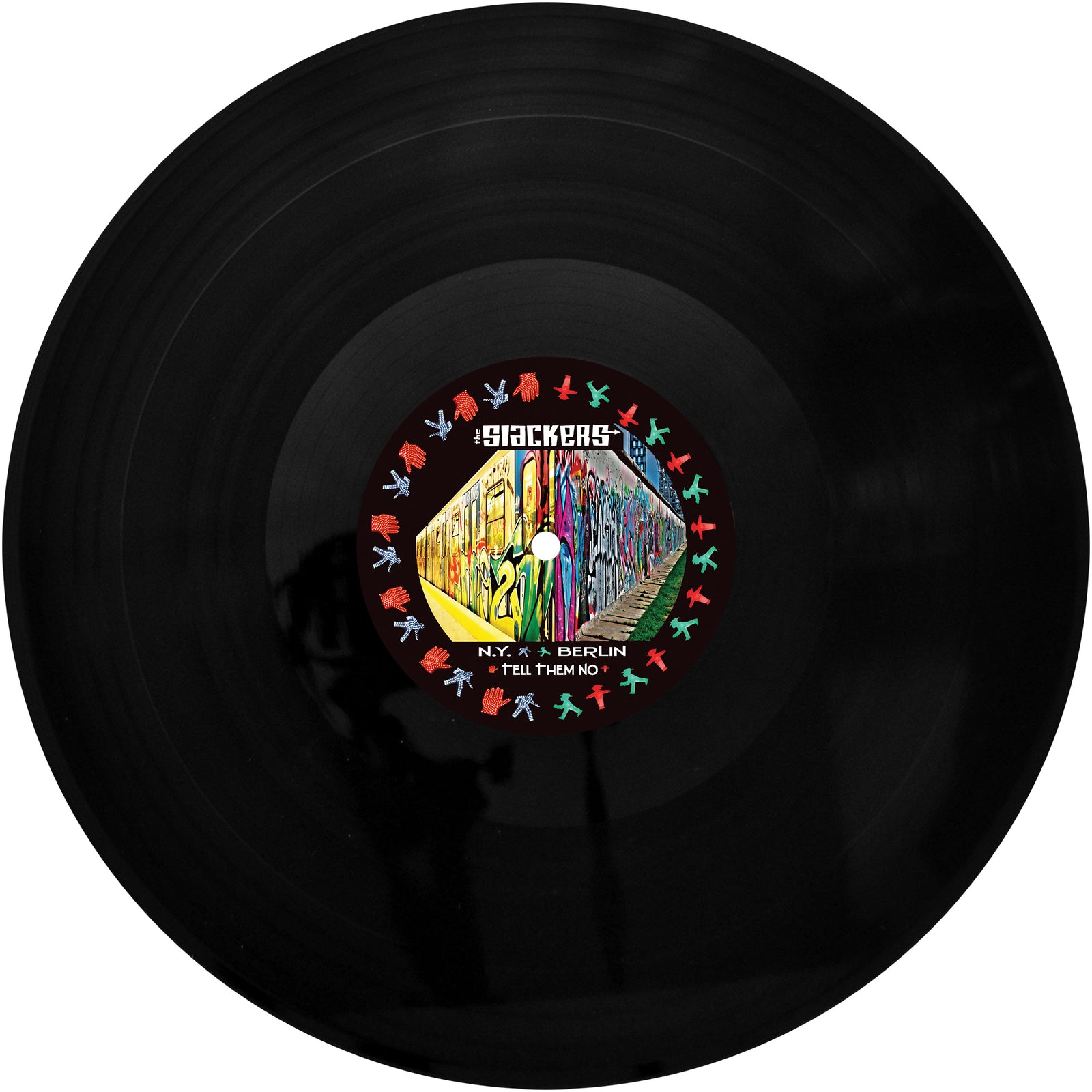 A 12” UV digitally printed vinyl by The Slackers features a graffiti-art label with vibrant dancing figures and NYC reggae tracks: N.Y.C., Berlin, and Tell Them No.