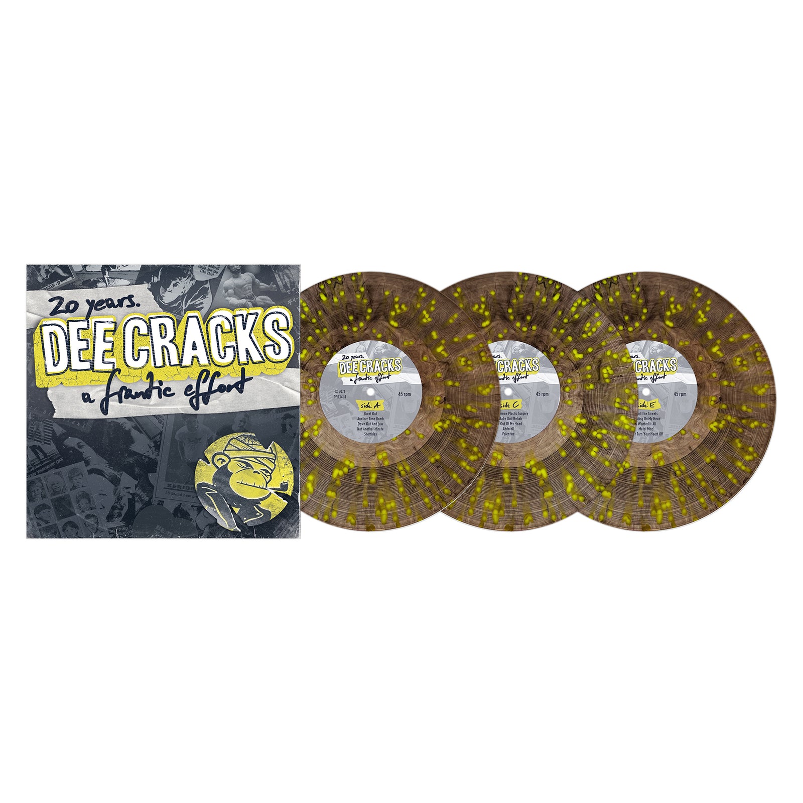 Three yellow-and-black splatter vinyl records by DeeCracks are shown beside the 20 Years. DeeCRACKS - A Panic Attack album cover, featuring bold text and a cartoonish grinning face illustration.