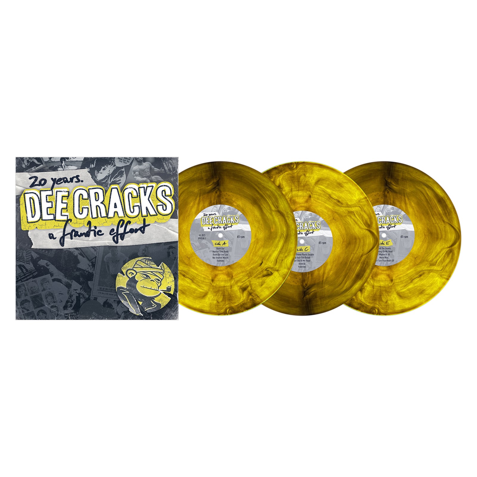 DeeCracks 20 Years includes three yellow marbled vinyl records and a matching album cover with band artwork and bold yellow, white, and black text—a must-have for punk rock fans spanning their career.