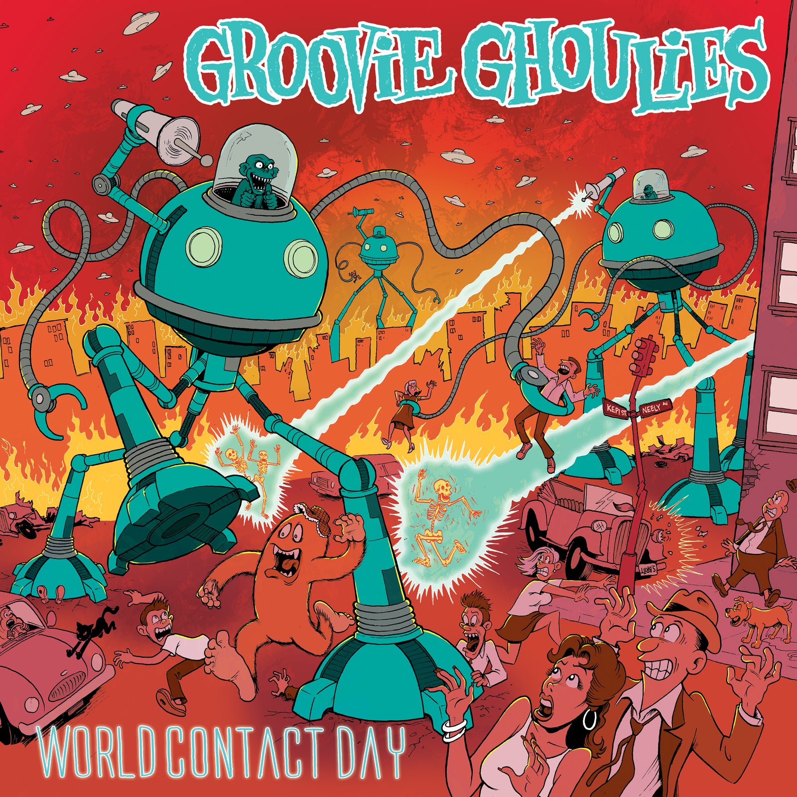Two giant cartoon robots with lasers attack a city as people flee. Fire and chaos erupt behind them. “Groovie Ghoulies” appears at the top; “World Contact Day—a pop punk classic” is below. Brand: Groovie Ghoulies.