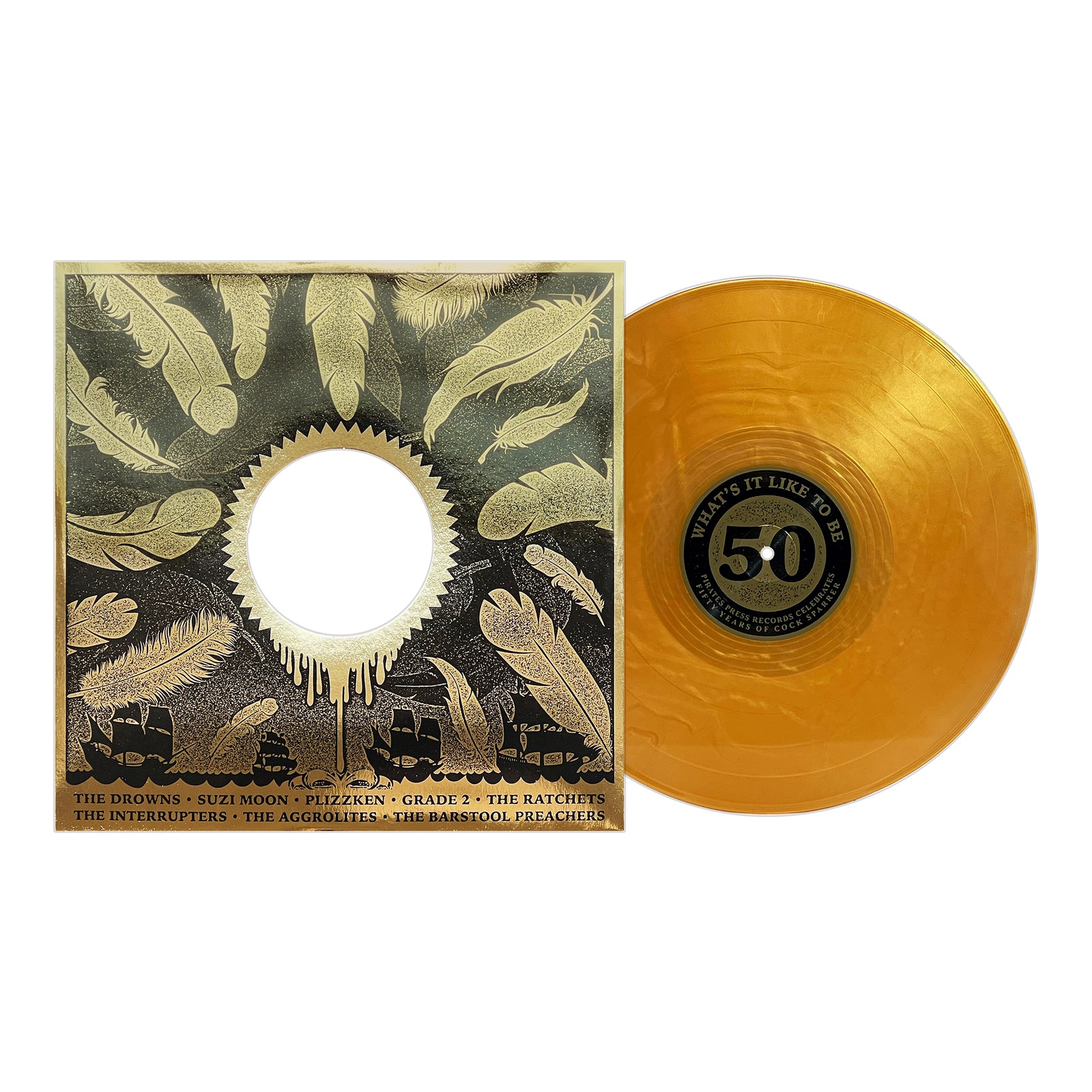 A gold vinyl record slides from an album cover with illustrated feathers and a dripping gold sun, celebrating Cock Sparrers 50th anniversary. The label reads What’s It Like to 5.0? by Pirates Press Records.