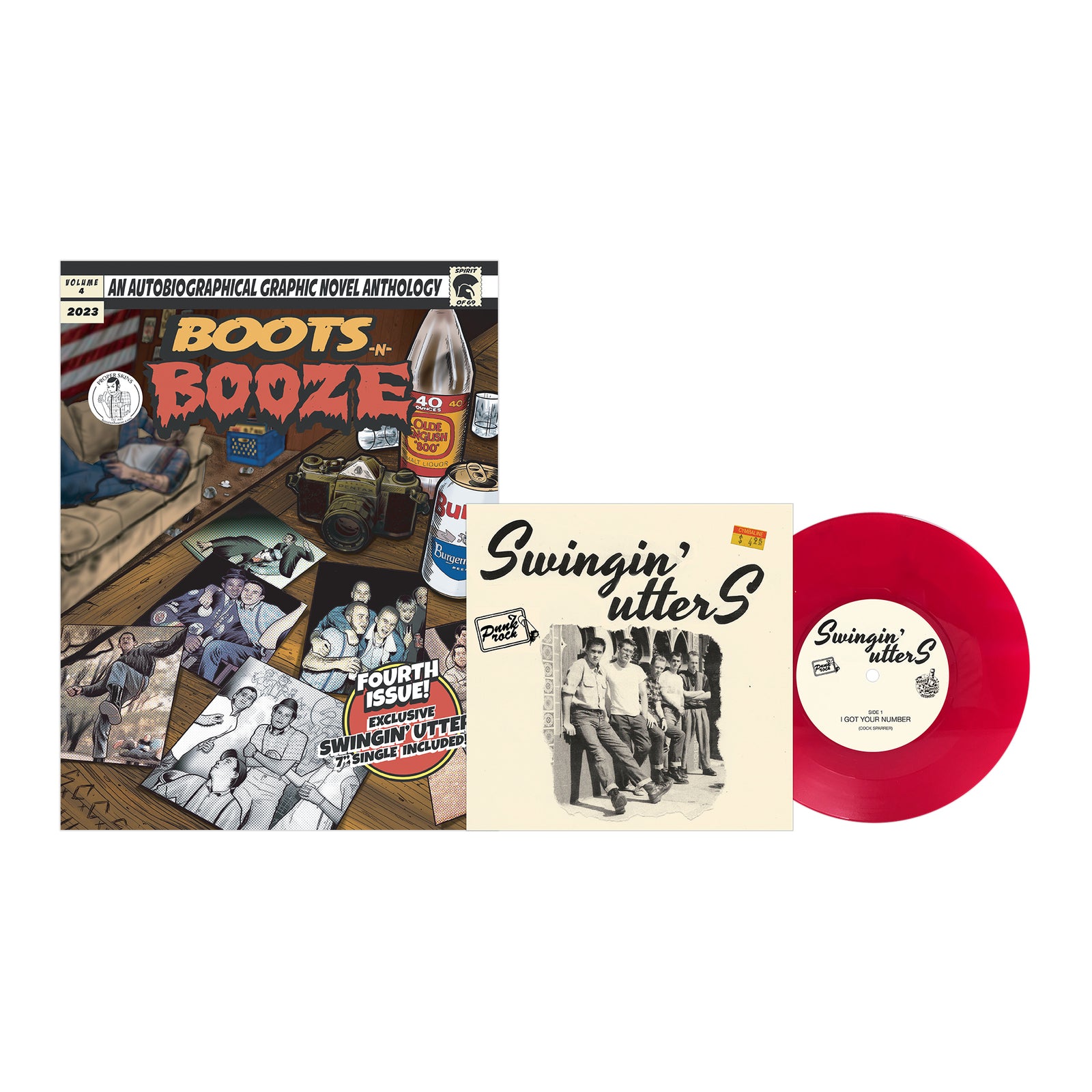 A BOOTSnBOOZE comic book appears with a cream Swingin’ Utters album cover and a 7" translucent red vinyl, all on a white background, celebrating Santa Cruz skinhead culture.
