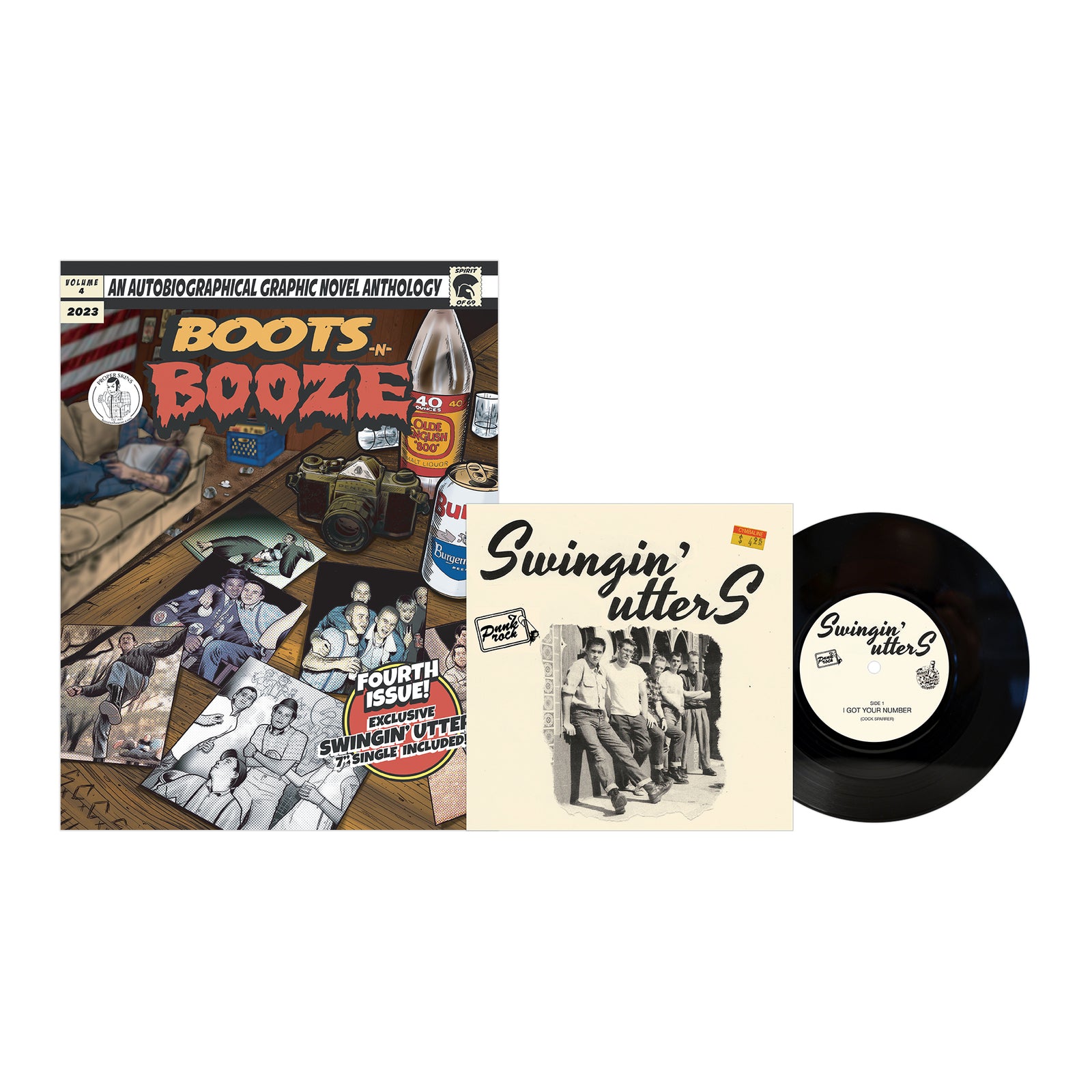 A BOOTSnBOOZE graphic novel sits beside a 7" vinyl and its cover, which features a black-and-white band photo and the text Swingin’ Utters—a nod to the Santa Cruz skinheads scene. The record label also reads Swingin’ Utters.
