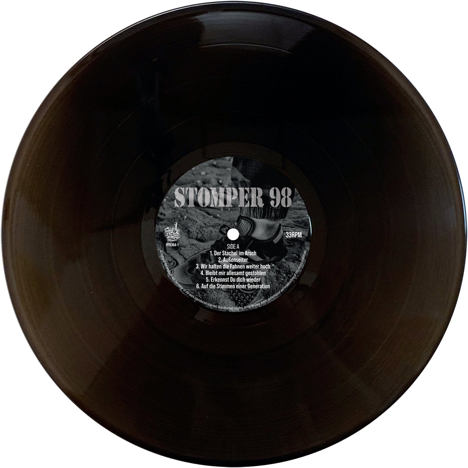 A black vinyl record by Stomper 98, the German Oi! band, features a central label with German working class punk rock track titles. The record is shown on a white background.