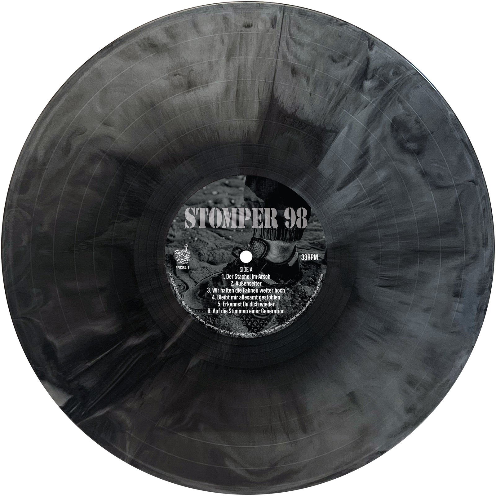 A black and gray marbled vinyl record from Stomper 98, with a central label bearing the brand name and German tracklist. The grooves and marbled patterns are clearly visible.