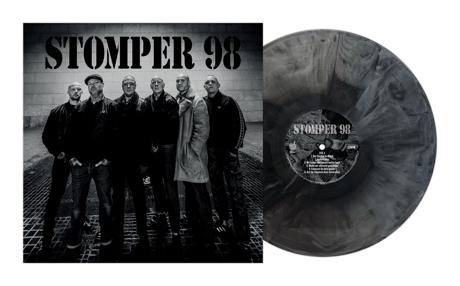 Black and white album cover of six men in jackets under bold STOMPER 98 text, German Oi! band, beside a marbled black and gray vinyl record with matching label. Brand: Stomper 98.