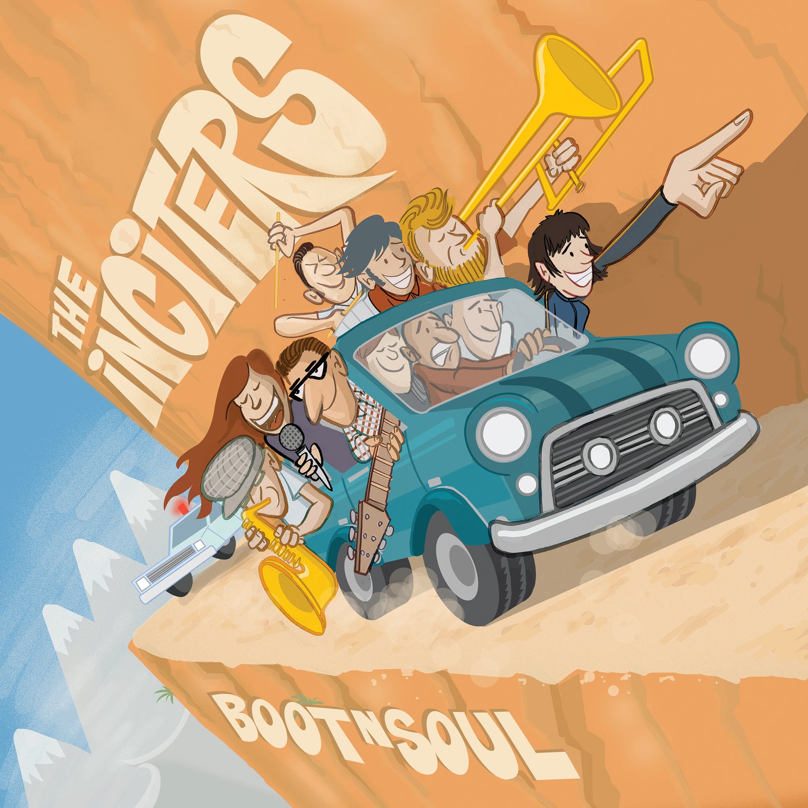 The Inciters, a cartoon band, drive a blue car along a cliff edge playing instruments. Northern Soul and Boot N Soul are on the cliff, snowy mountains in the background. Released by Pirates Press Records. Brand: The Inciters.