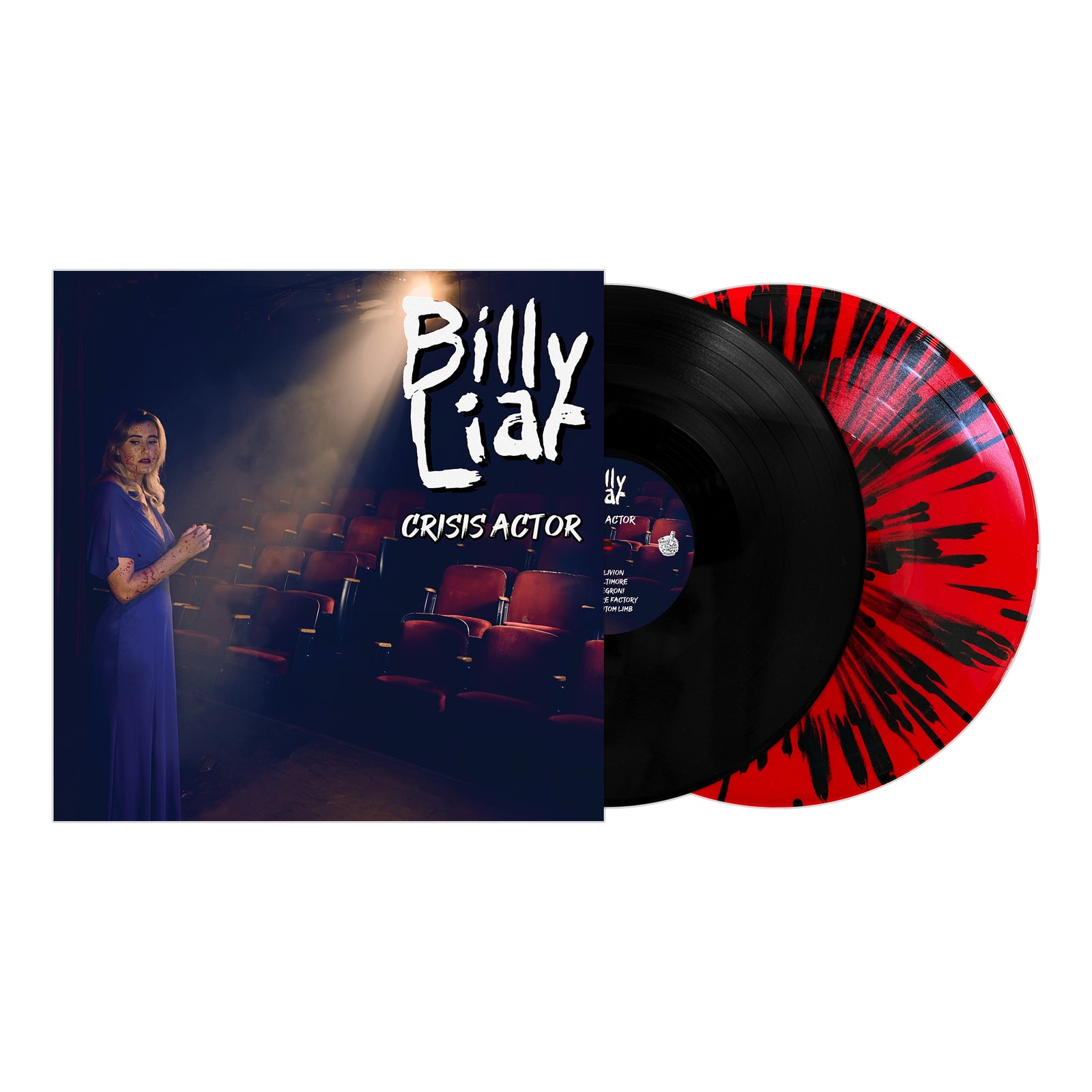 The Billy Liar album Crisis Actor features a cover showing a woman in a blue dress in an empty theater, with black and red splatter vinyl plus standard black vinyl records displayed next to it.
