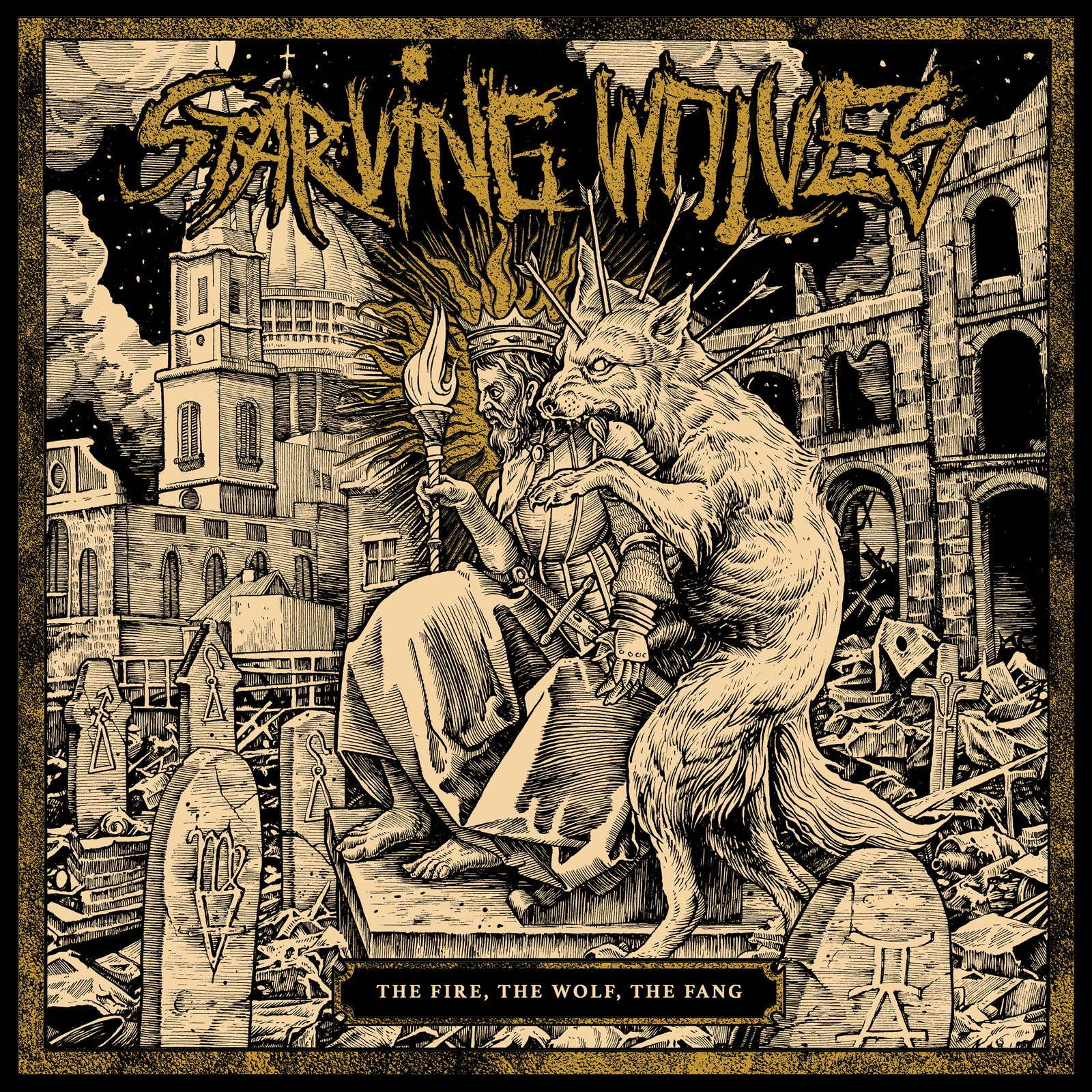 An illustrated album cover for Starving Wolves features a crowned, robed figure with torch and staff, seated among gravestones as a snarling wolf bites their shoulder. Ruined buildings and chaos in the background evoke punk rock defiance.