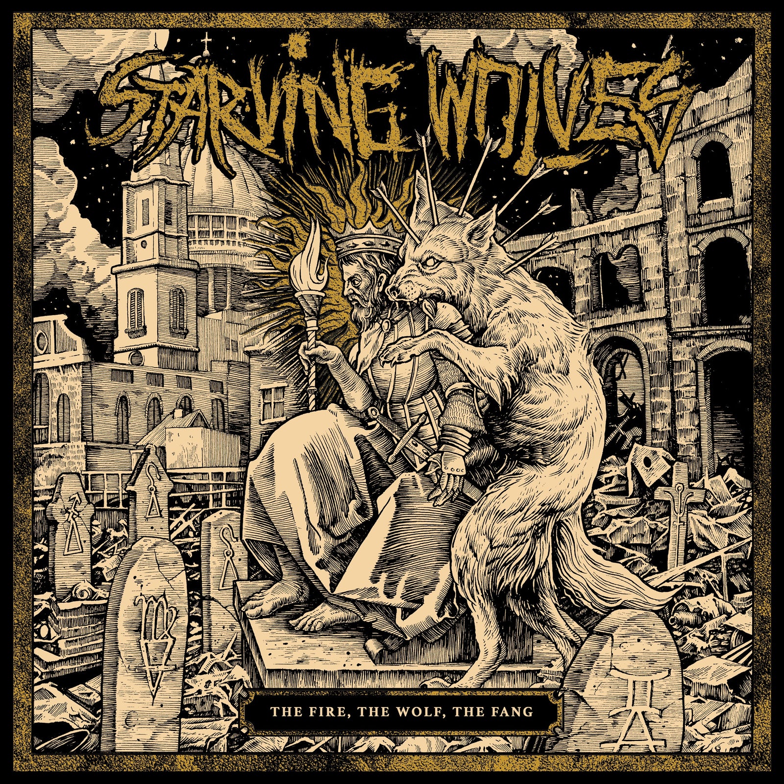 An illustrated album cover for Starving Wolves features a crowned, robed figure with torch and staff, seated among gravestones as a snarling wolf bites their shoulder. Ruined buildings and chaos in the background evoke punk rock defiance.