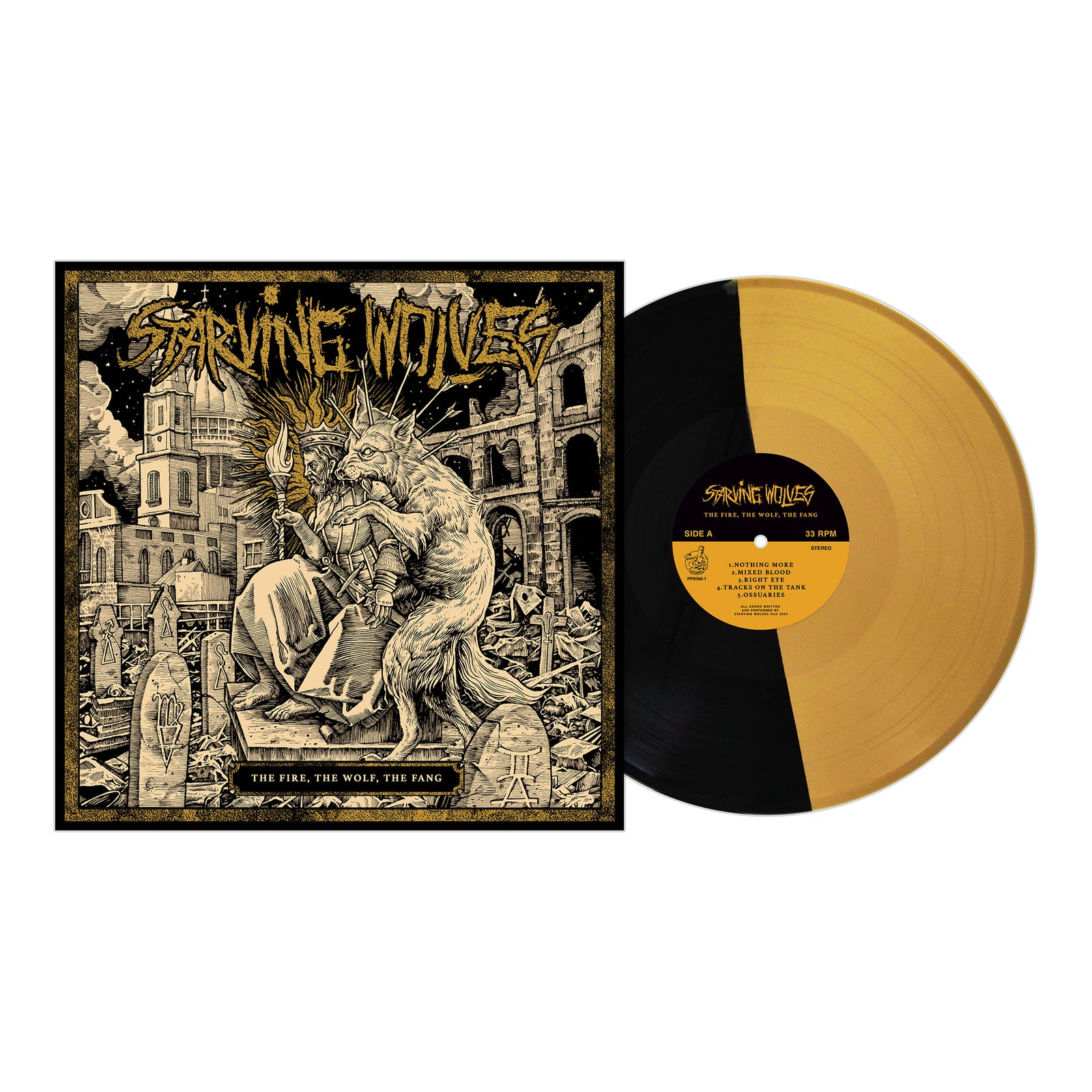 Starving Wolves album The Fire, The Wolf, The Fang features punk rock art of a humanoid wolf with a torch in a post-apocalyptic city. Includes half gold, half black vinyl that echoes social themes.