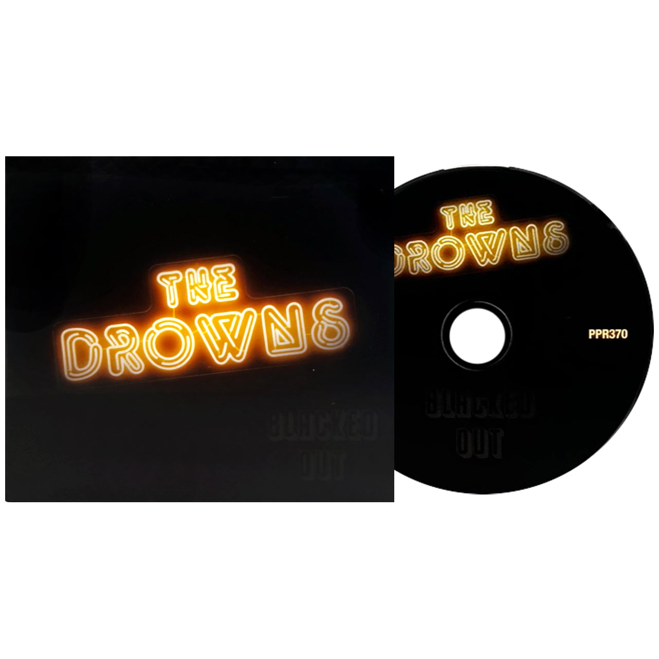 The image displays a black CD and cover with The Drowns in bold yellow neon-style letters, featuring the Seattle band’s name prominently.