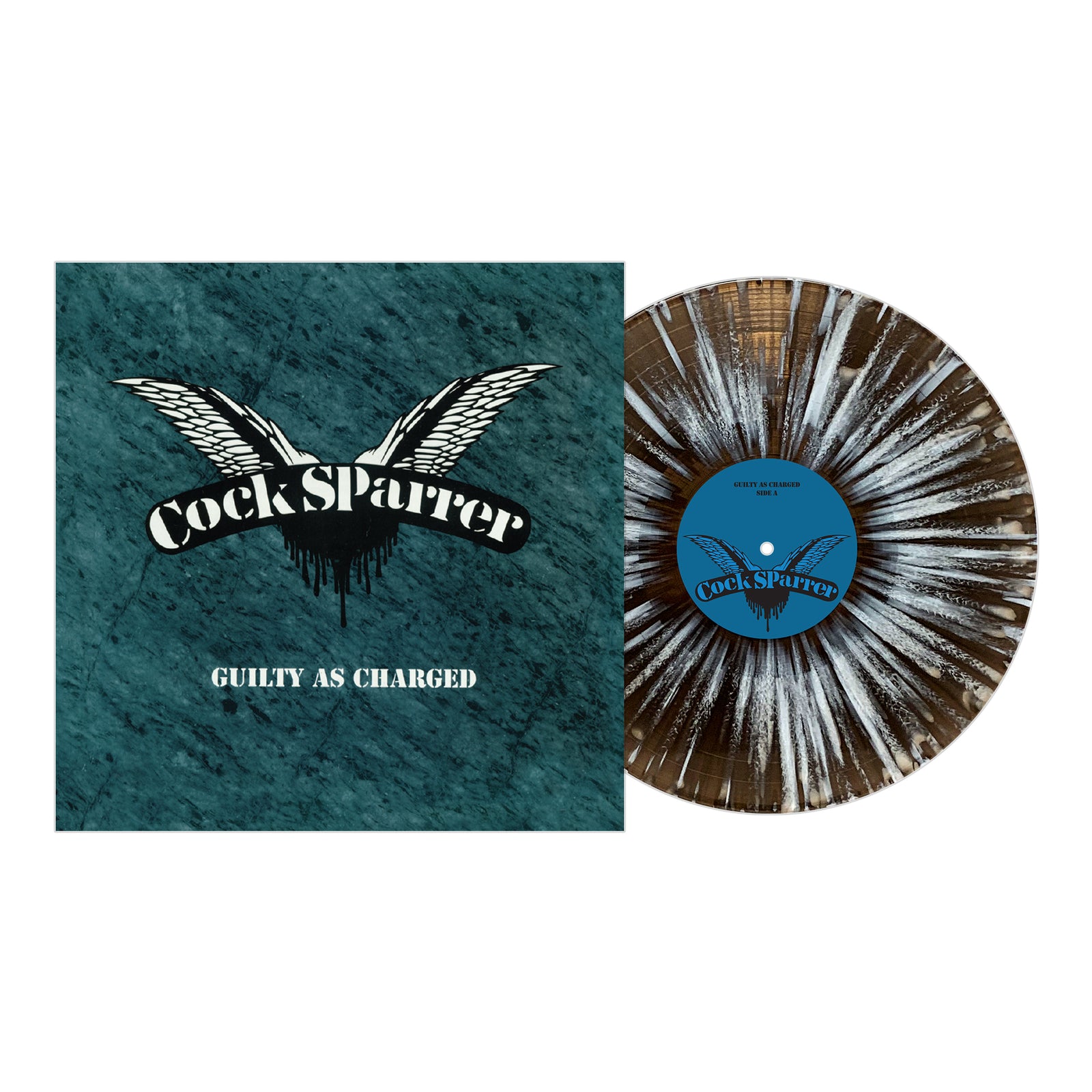 A Cock Sparrer Guilty as Charged punk rock vinyl featuring a teal and black cover with the bands name and logo, plus a striking black and white splatter-patterned record.