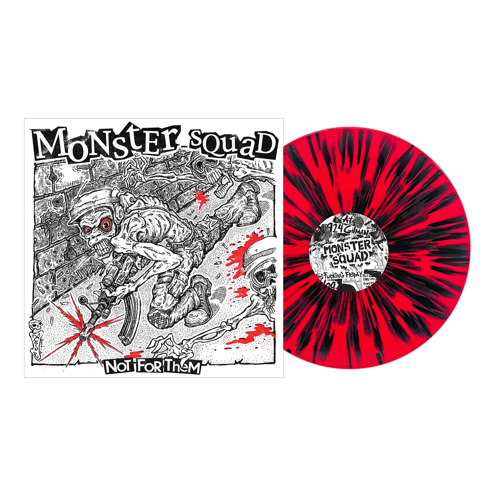 Monster Squads album cover for Not For Them features a zombie-like figure in a graffiti alley beside a bold red vinyl with black splatter—an iconic image from California punk, ideal for any Monster Squad reissue campaign.