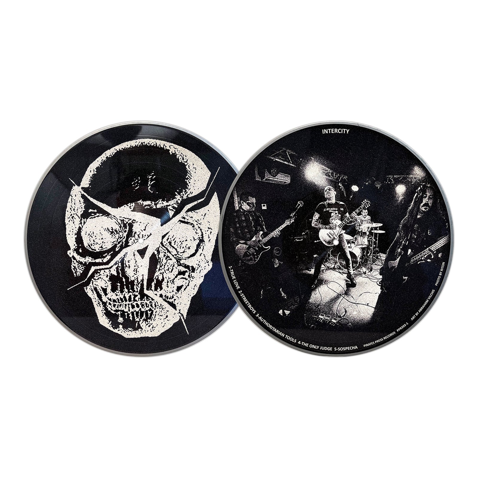 Two vinyl records by Mess: one side displays a rough white skull on a black background; the other features a black-and-white live photo of the Oi! streetpunk band Mess with instruments and equipment visible.